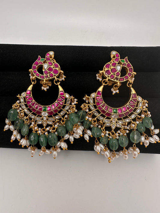Peacock Jadau Kundan chandbali earrings with pearls