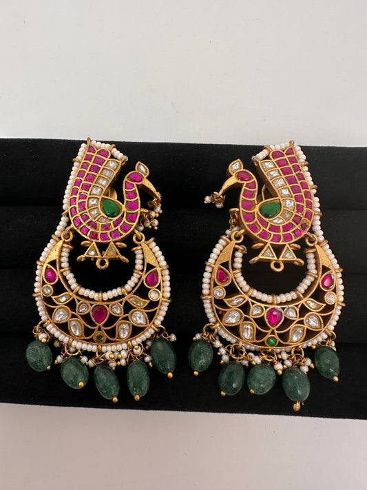 Peacock Jadau Kundan chandbali earrings with pearls