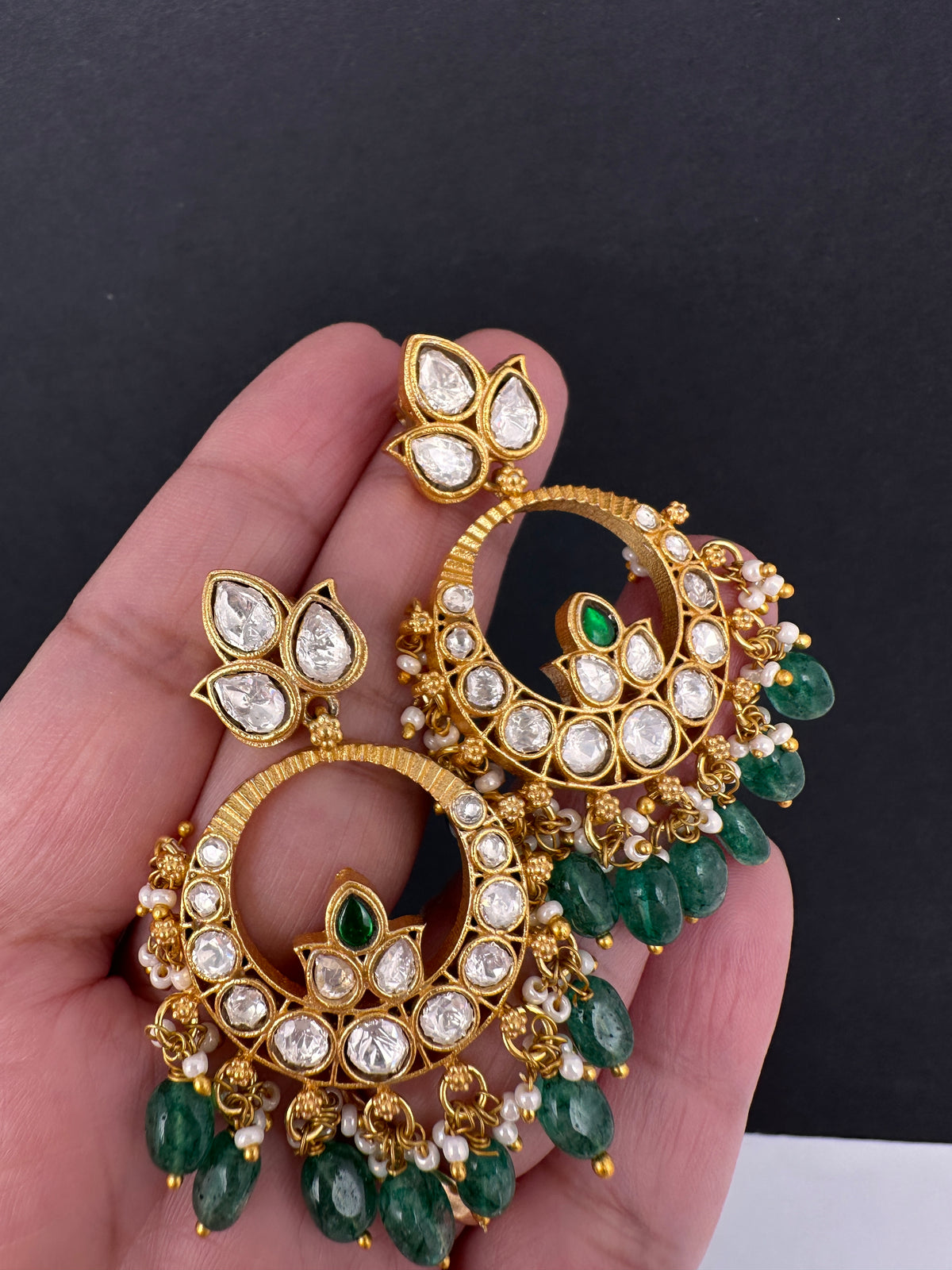 White Jadau Kundan Chandbali Earrings - 