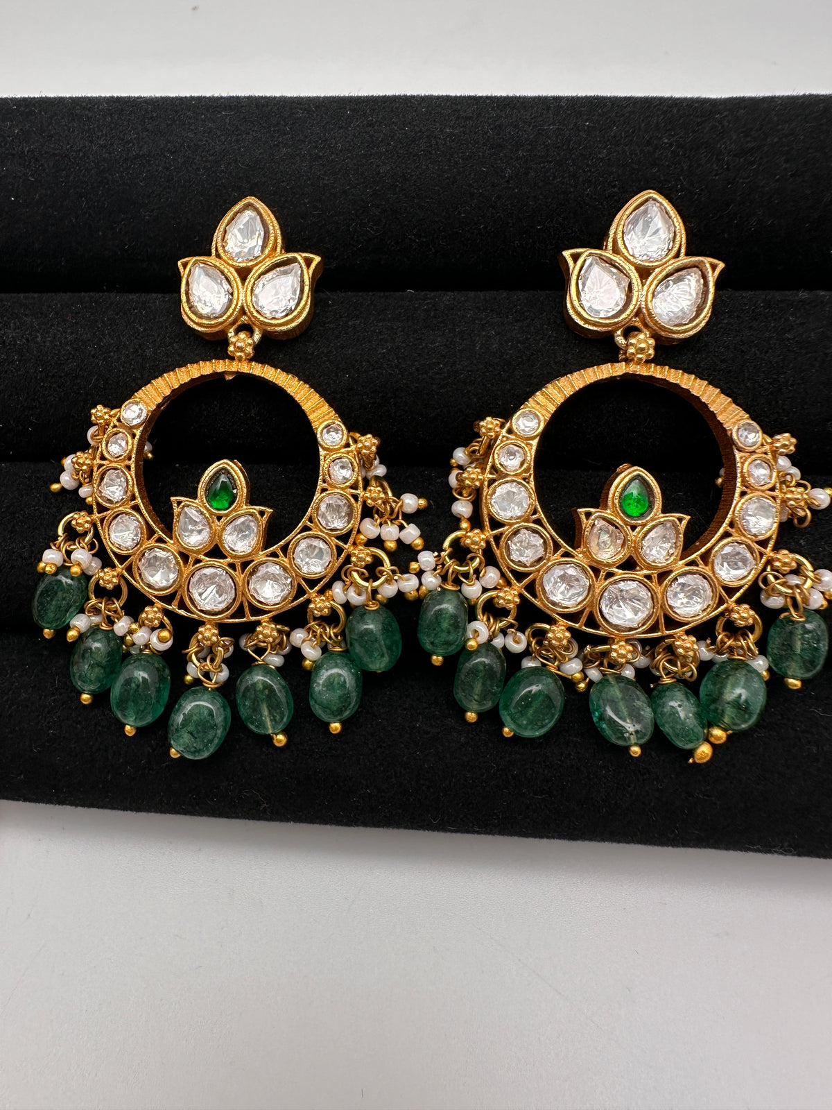 White Jadau Kundan Chandbali Earrings - 