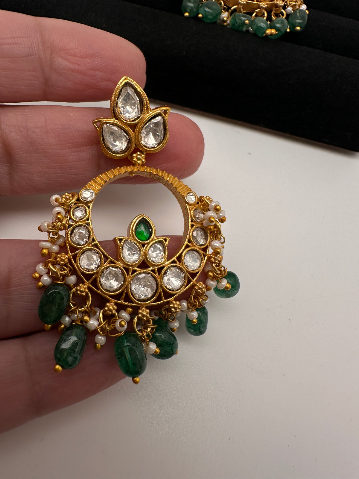White Jadau Kundan Chandbali Earrings - 