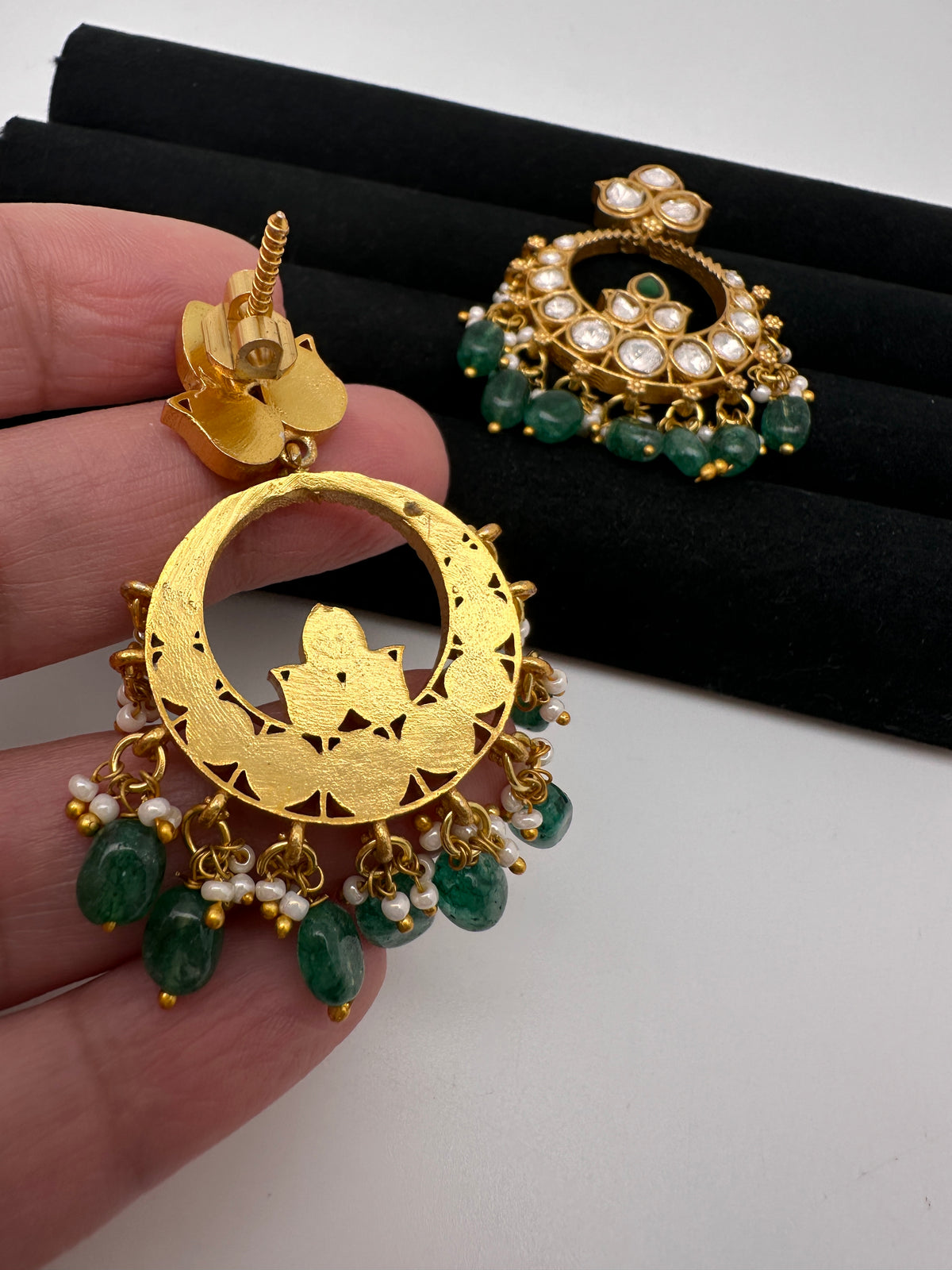 White Jadau Kundan Chandbali Earrings - 