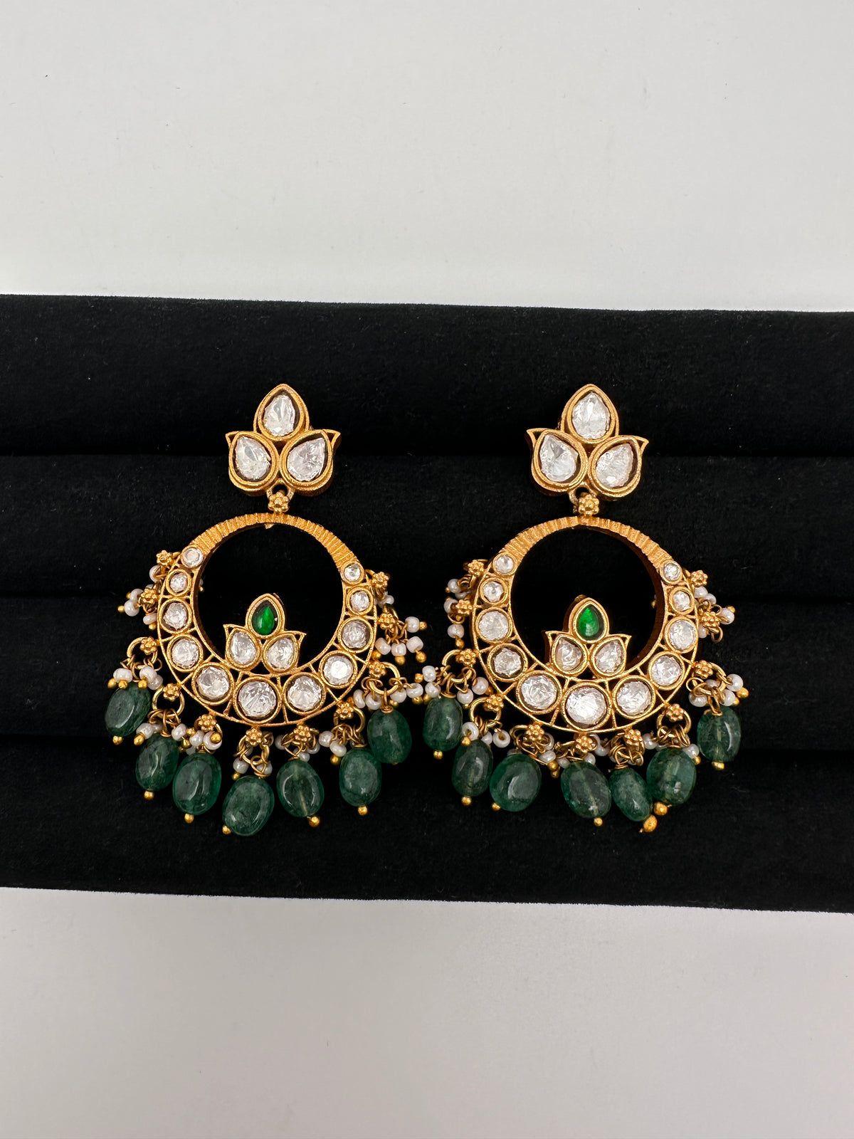 White Jadau Kundan Chandbali Earrings - 