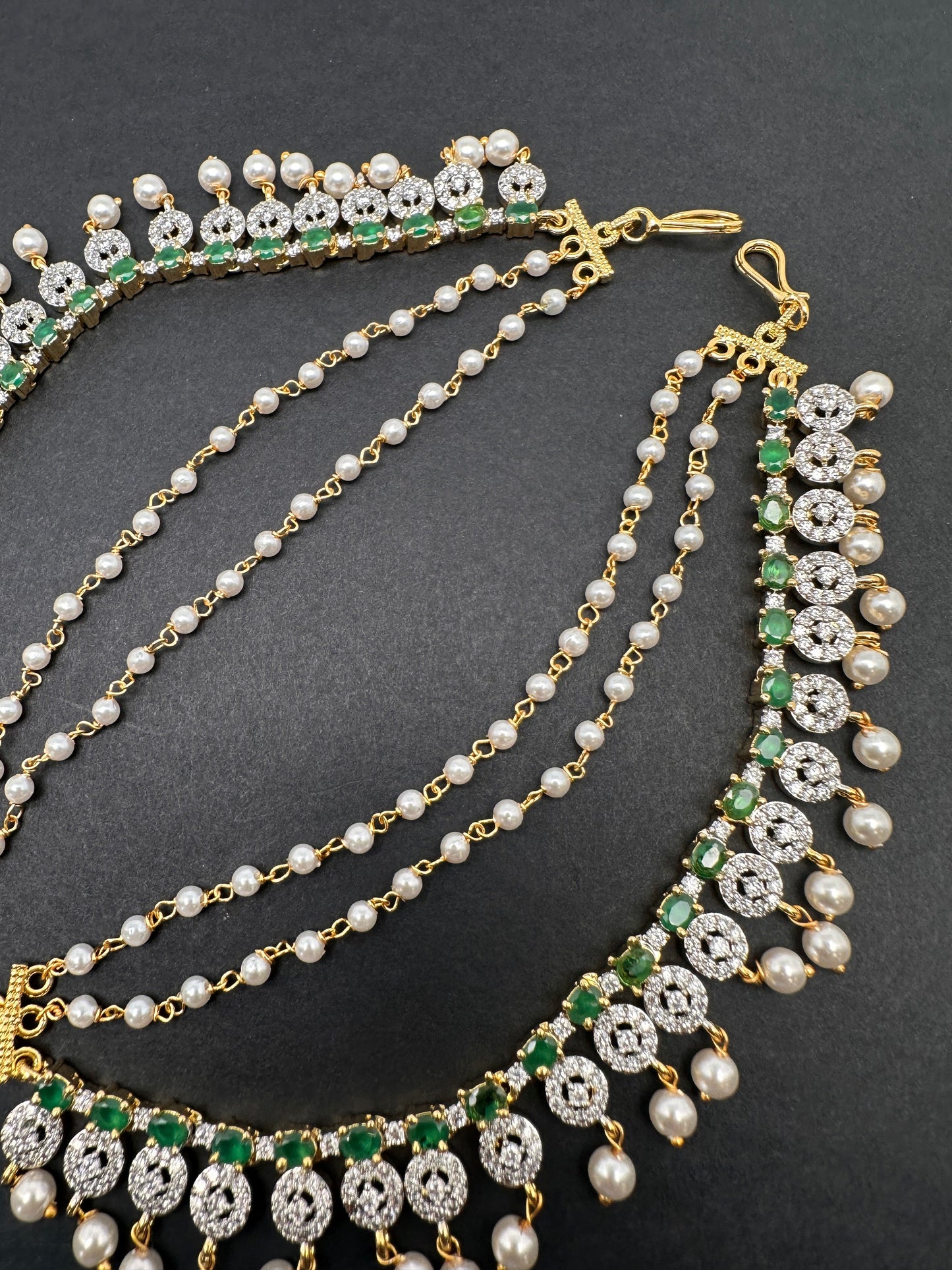 American Diamonds Emerald Green Pearls Earchain