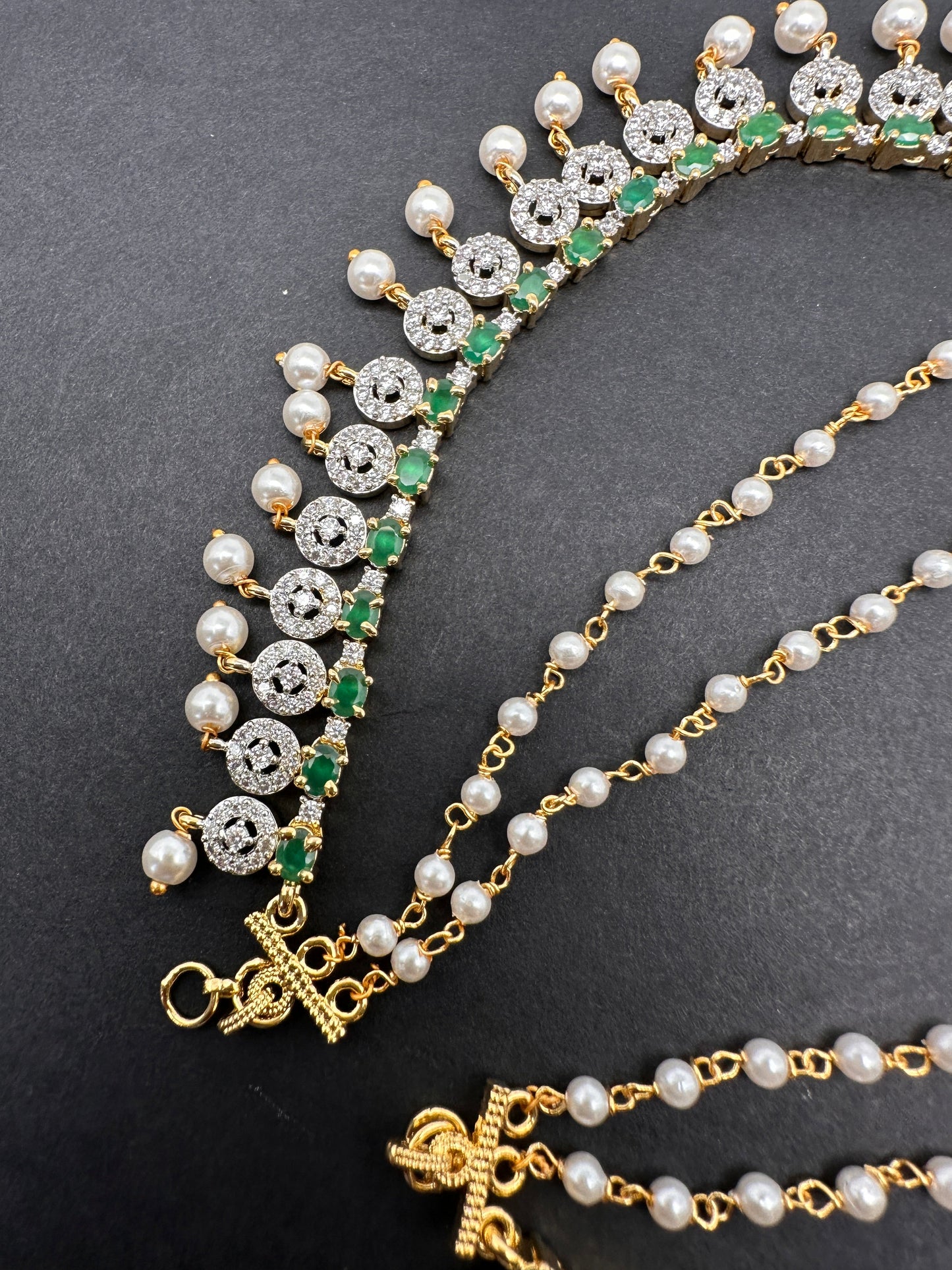 American Diamonds Emerald Green Pearls Earchain