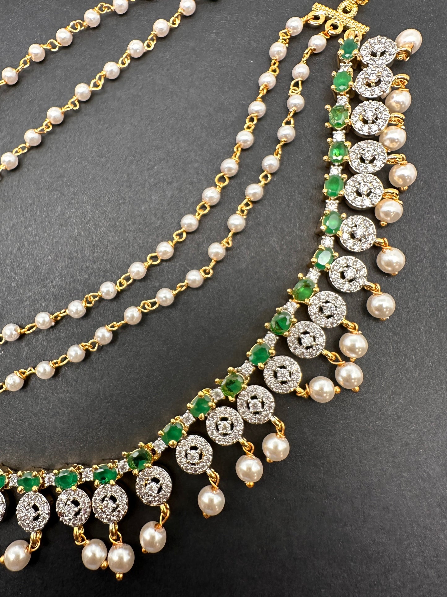 American Diamonds Emerald Green Pearls Earchain