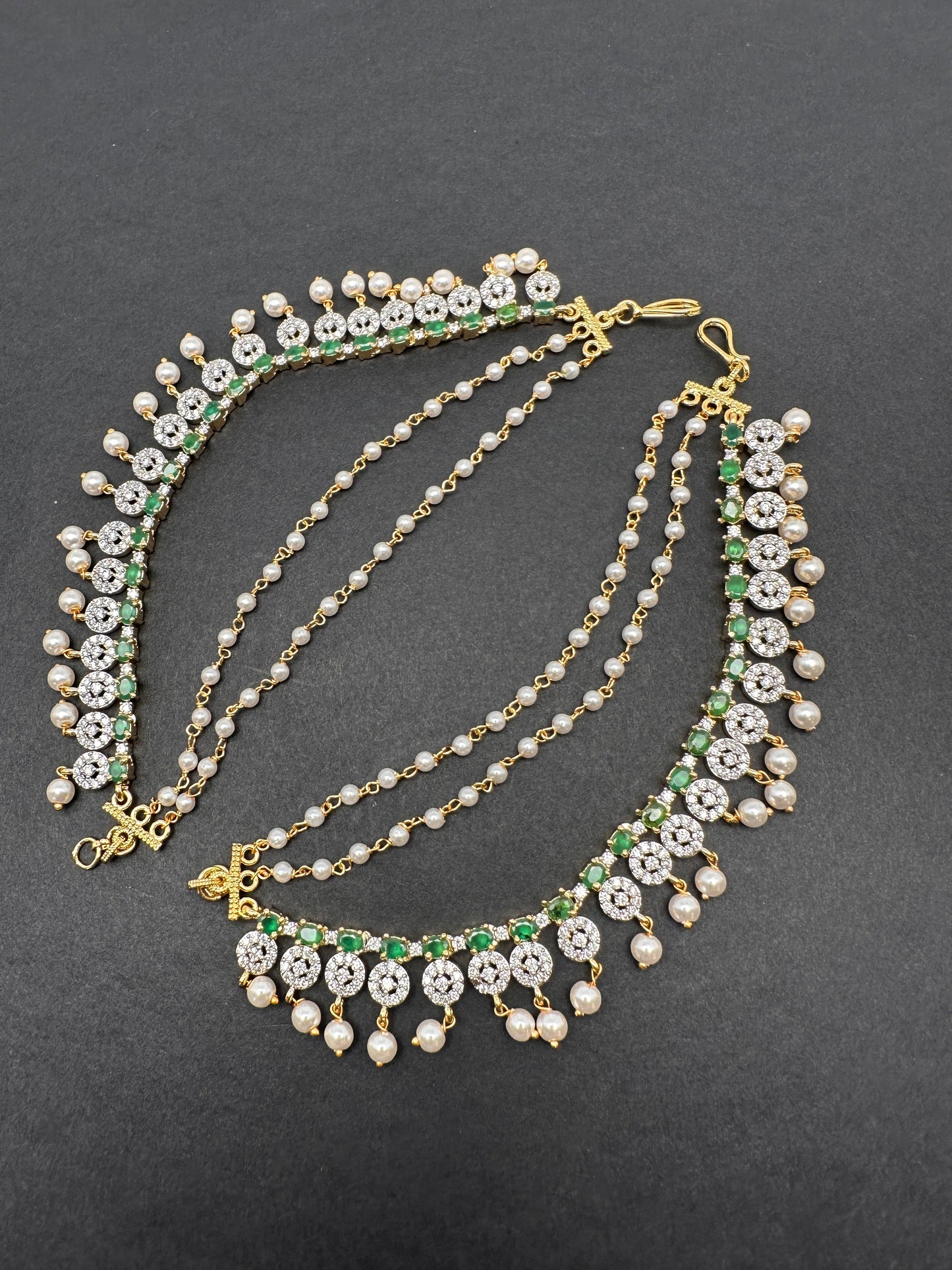 American Diamonds Emerald Green Pearls Earchain