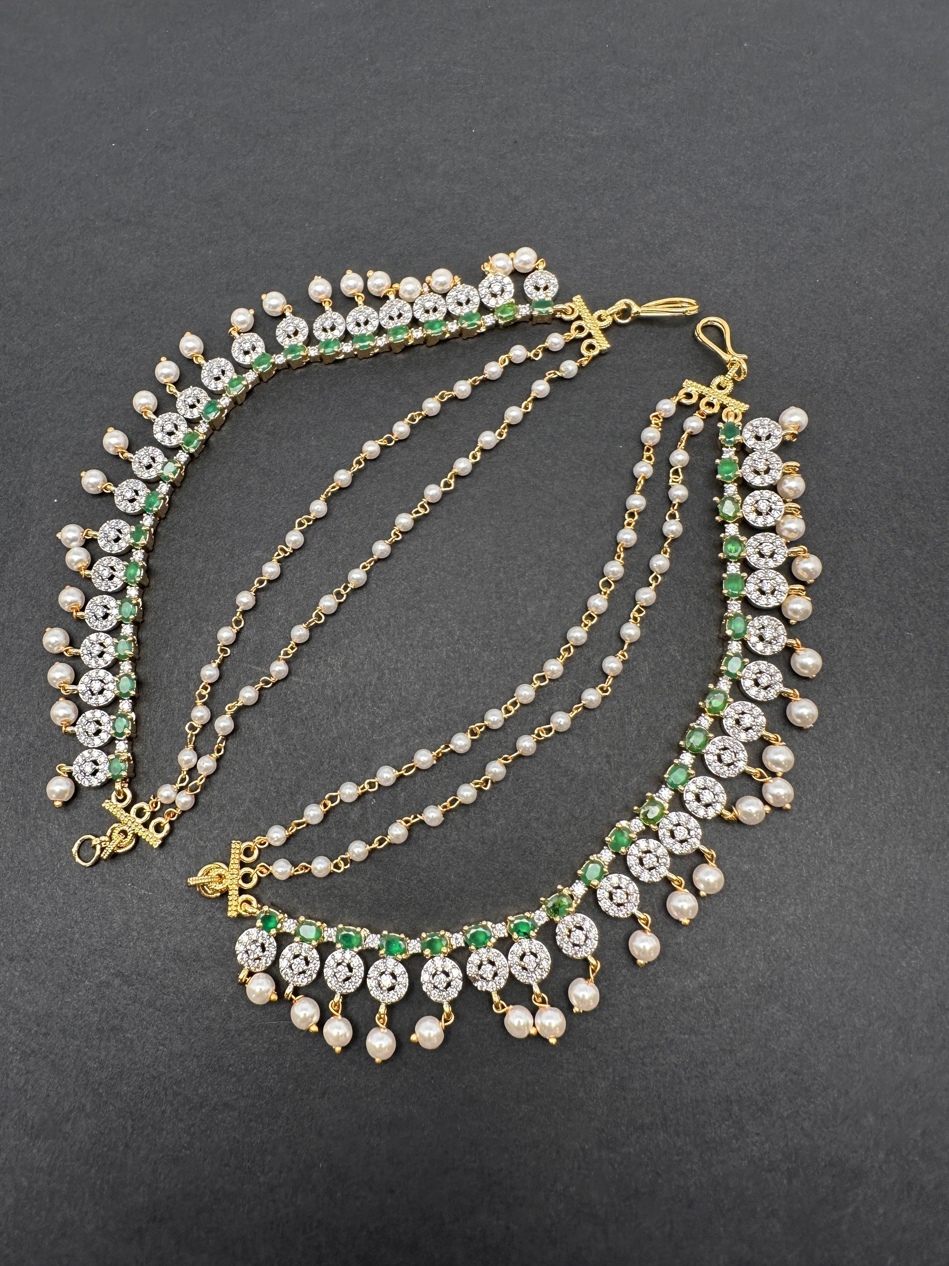 American Diamonds Emerald Green Pearls Earchain