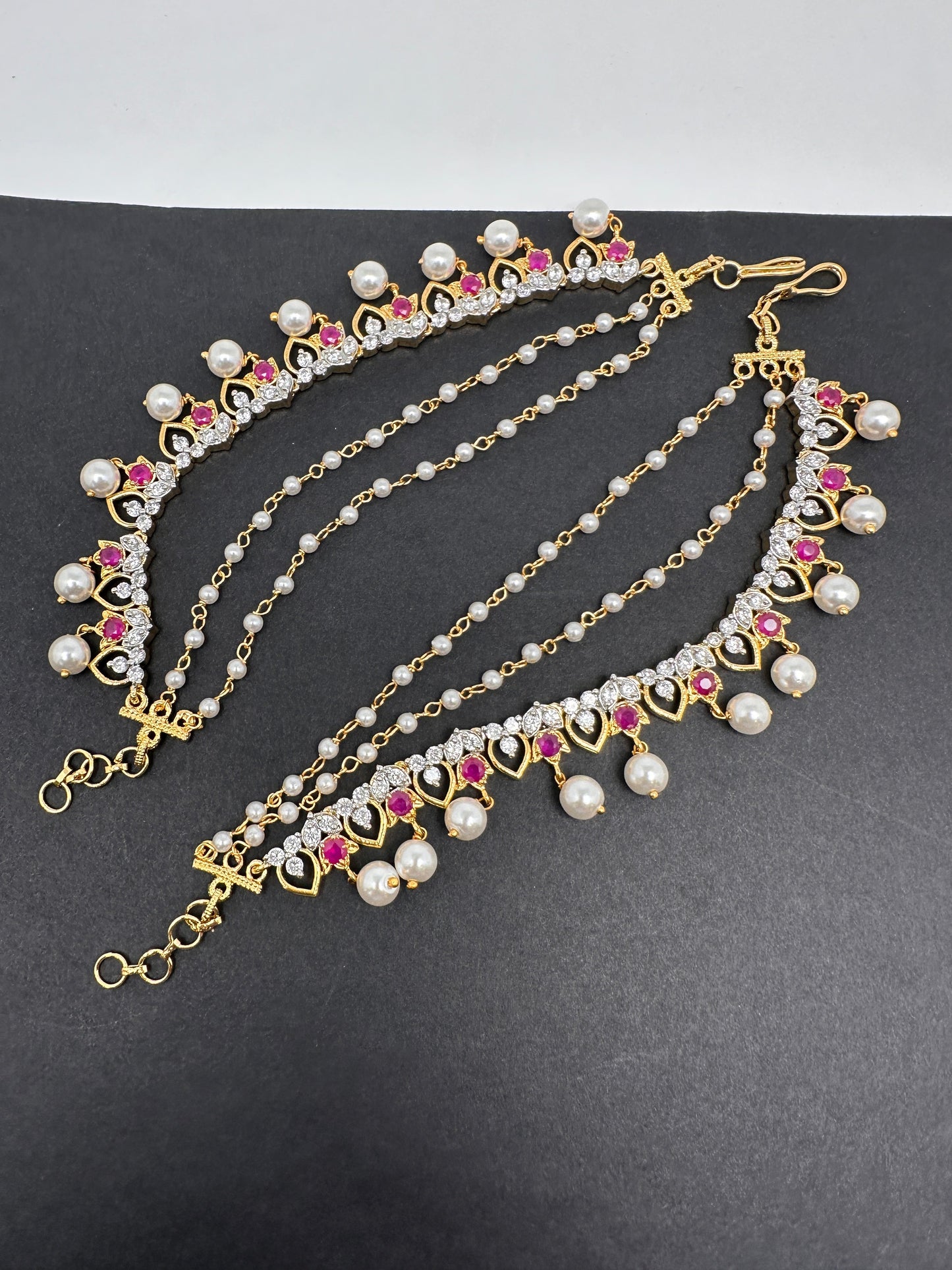 American Diamonds Ruby Red Pearls Earchain