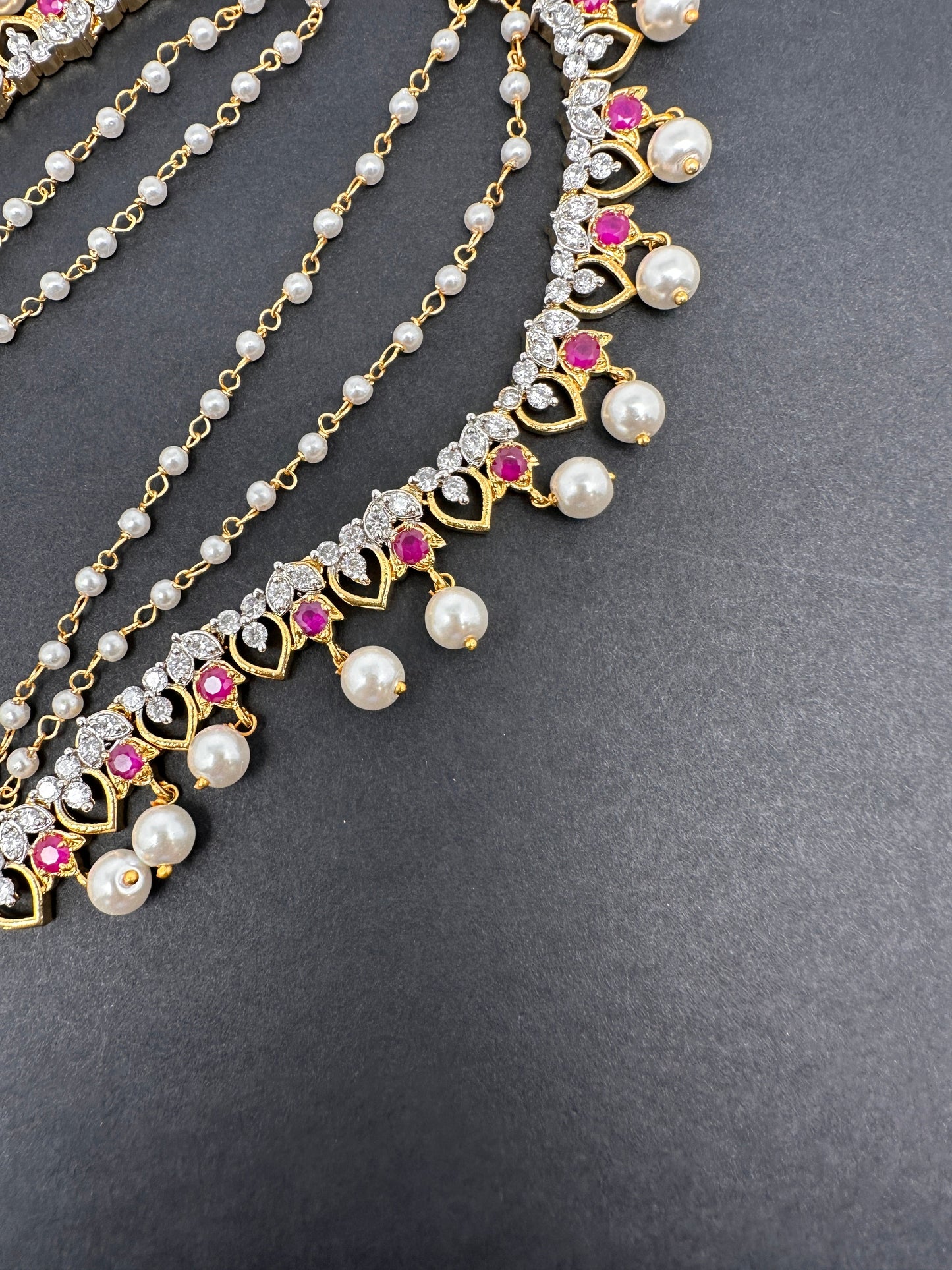 American Diamonds Ruby Red Pearls Earchain