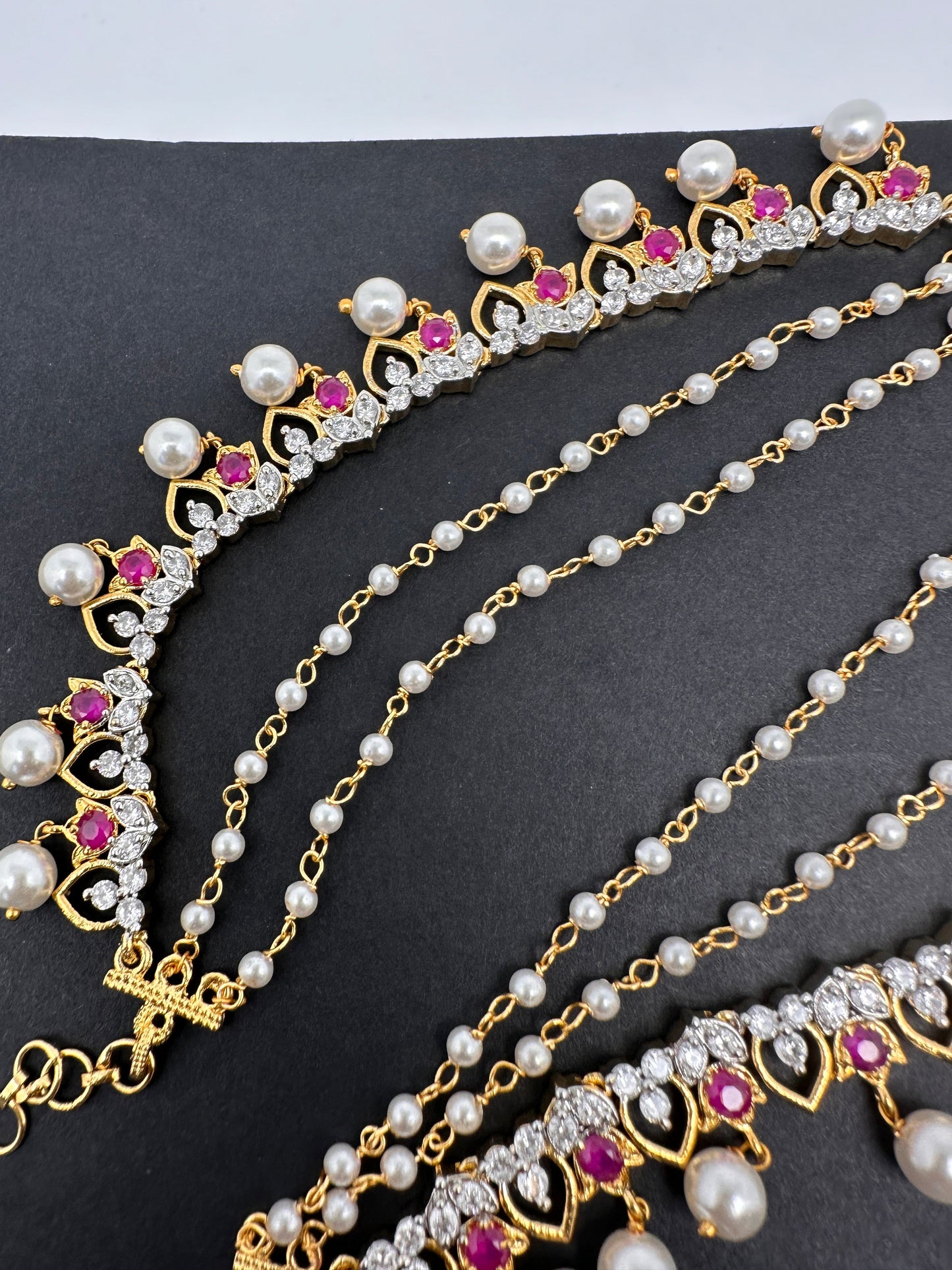 American Diamonds Ruby Red Pearls Earchain