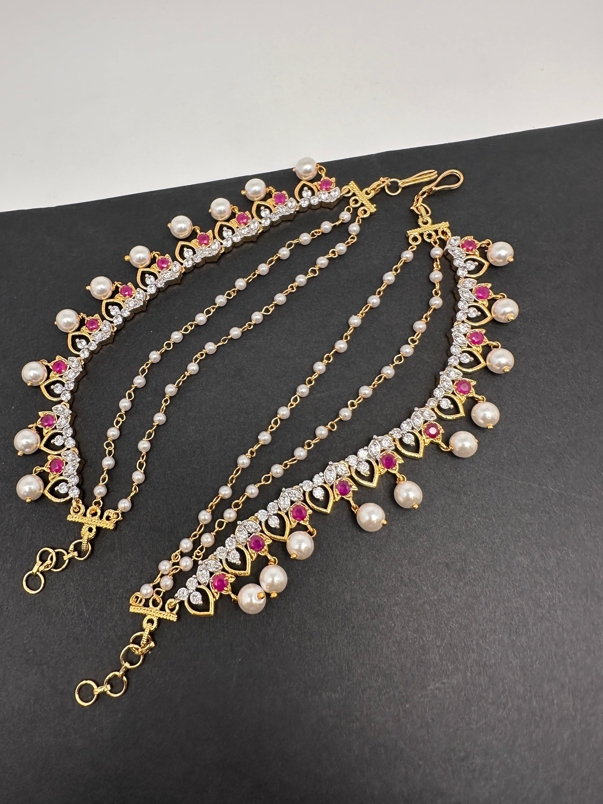 American Diamonds Ruby Red Pearls Earchain