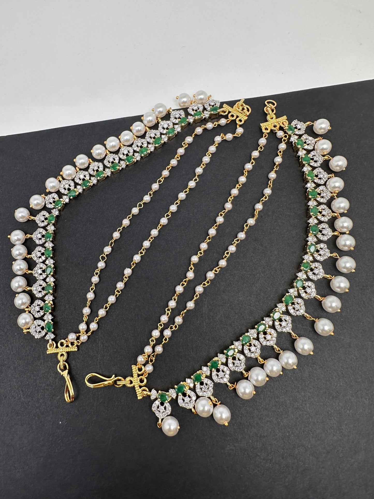 American Diamonds Emerald Green Pearls Earchain