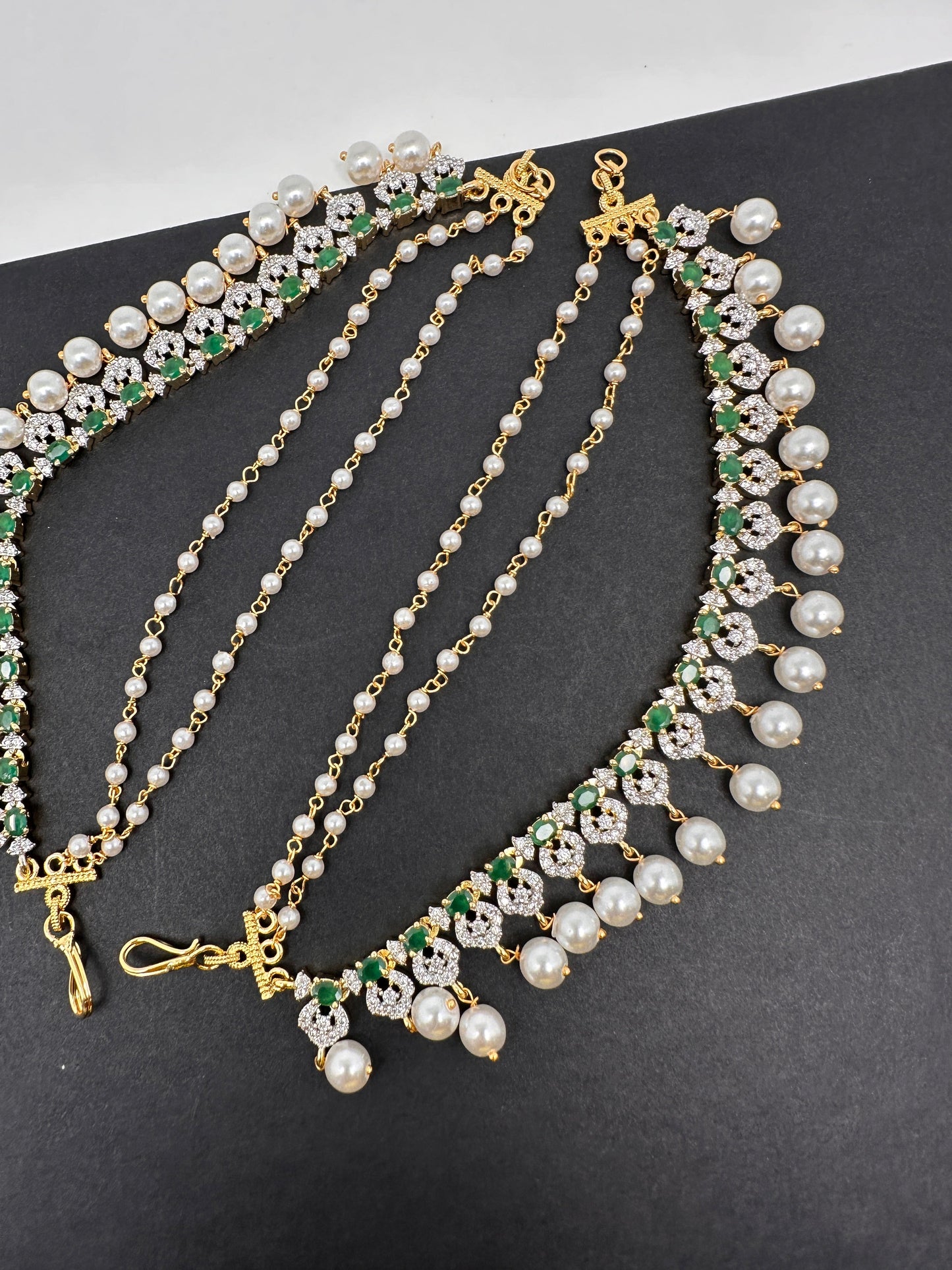 American Diamonds Emerald Green Pearls Earchain