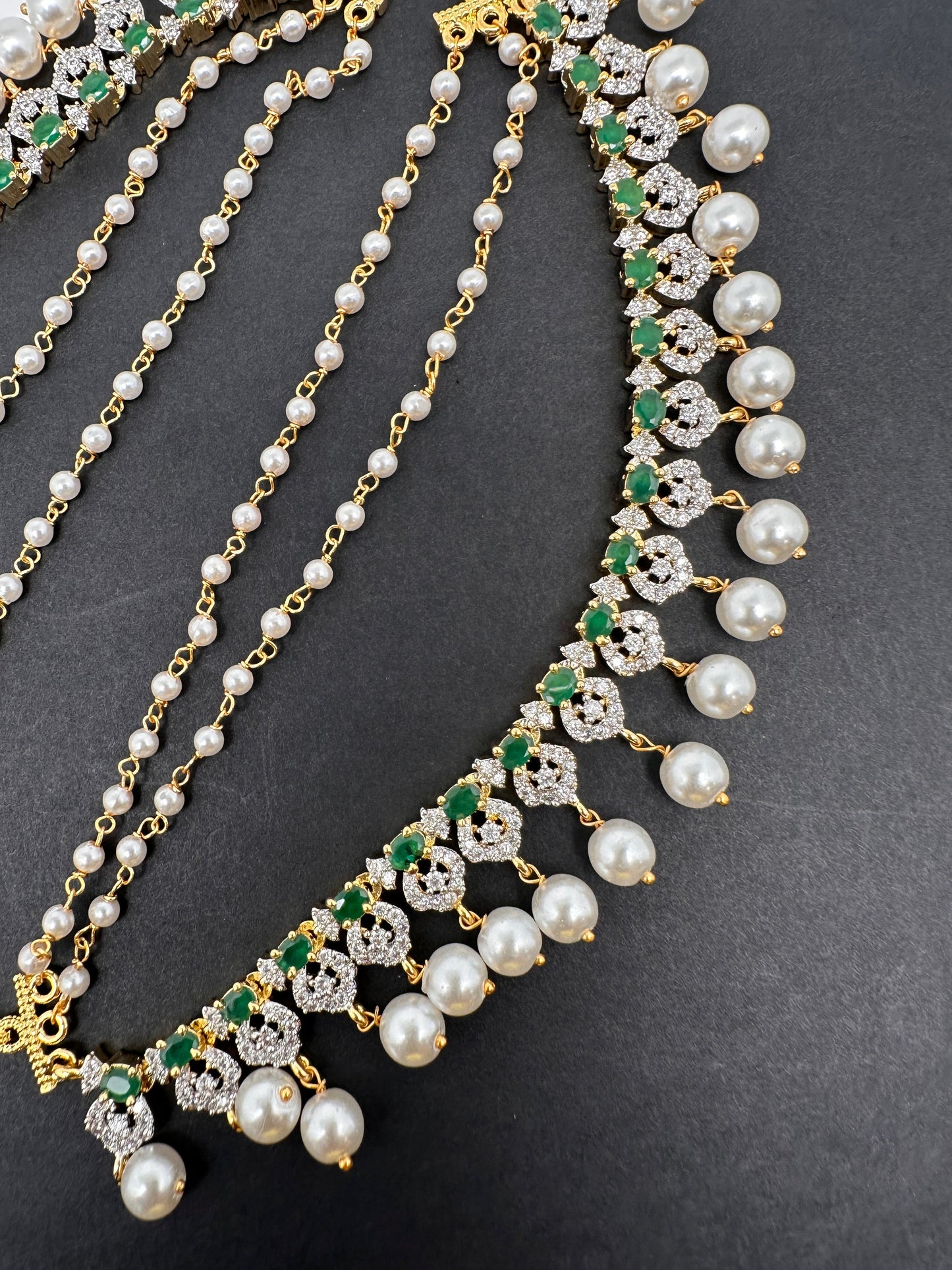 American Diamonds Emerald Green Pearls Earchain