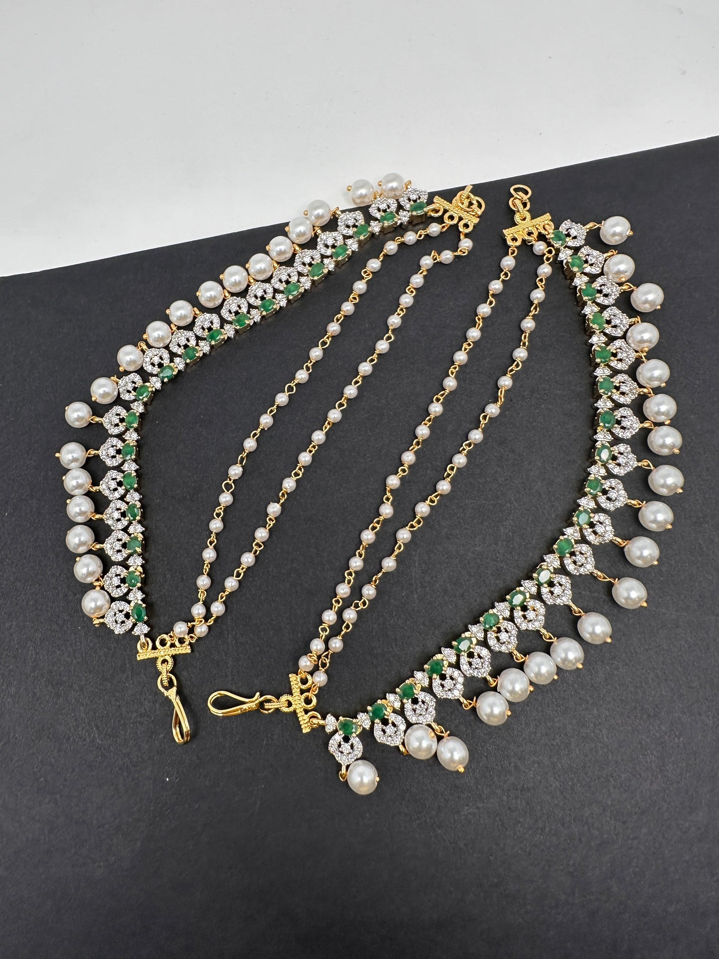 American Diamonds Emerald Green Pearls Earchain