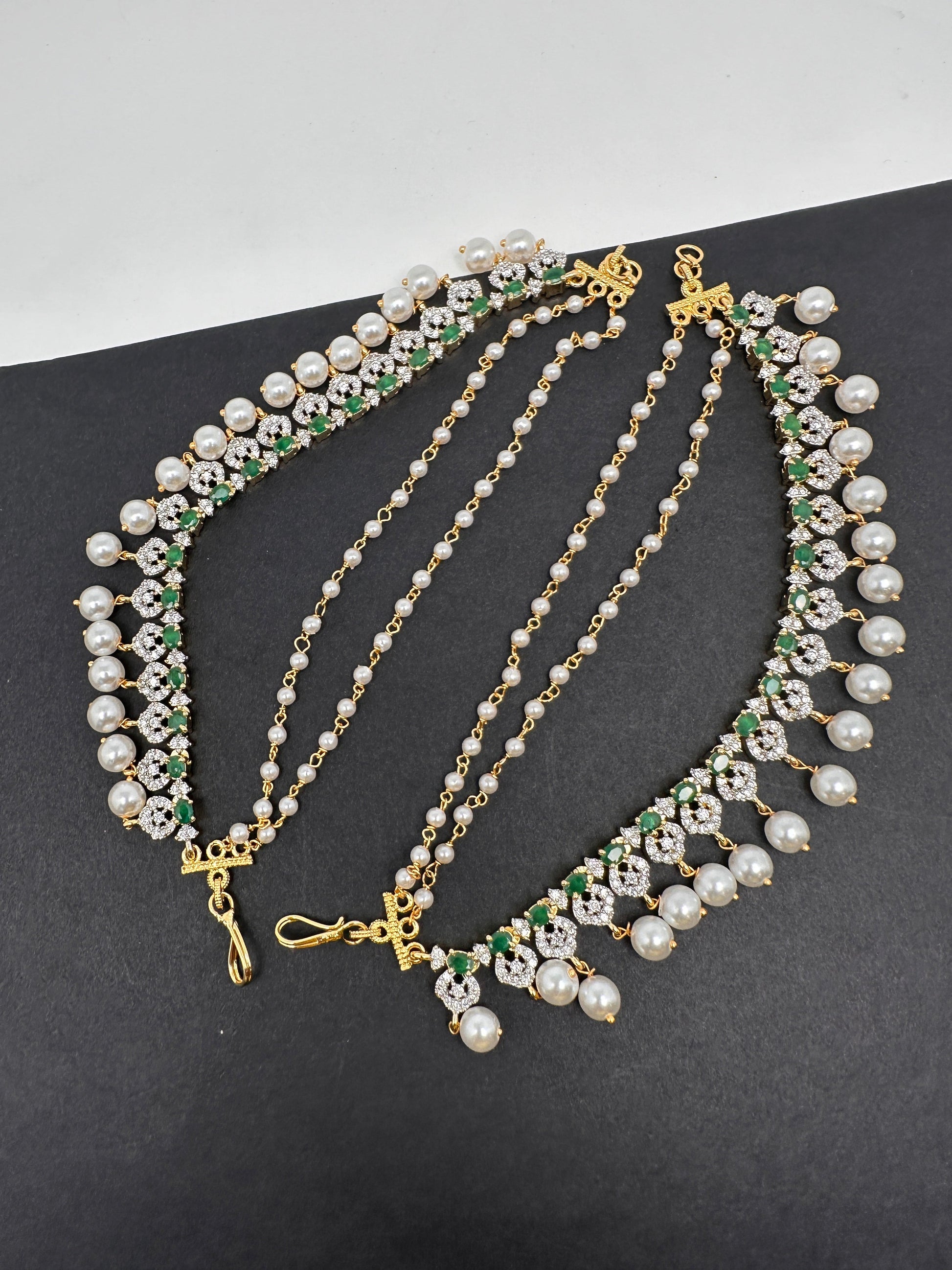 American Diamonds Emerald Green Pearls Earchain