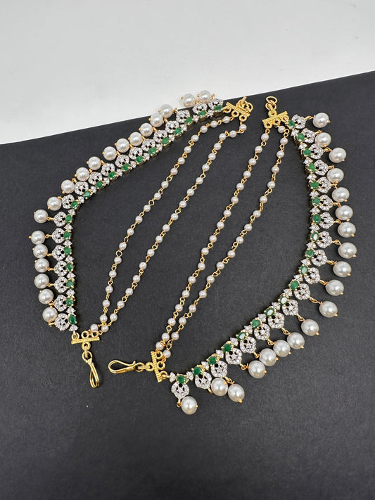 American Diamonds Emerald Green Pearls Earchain