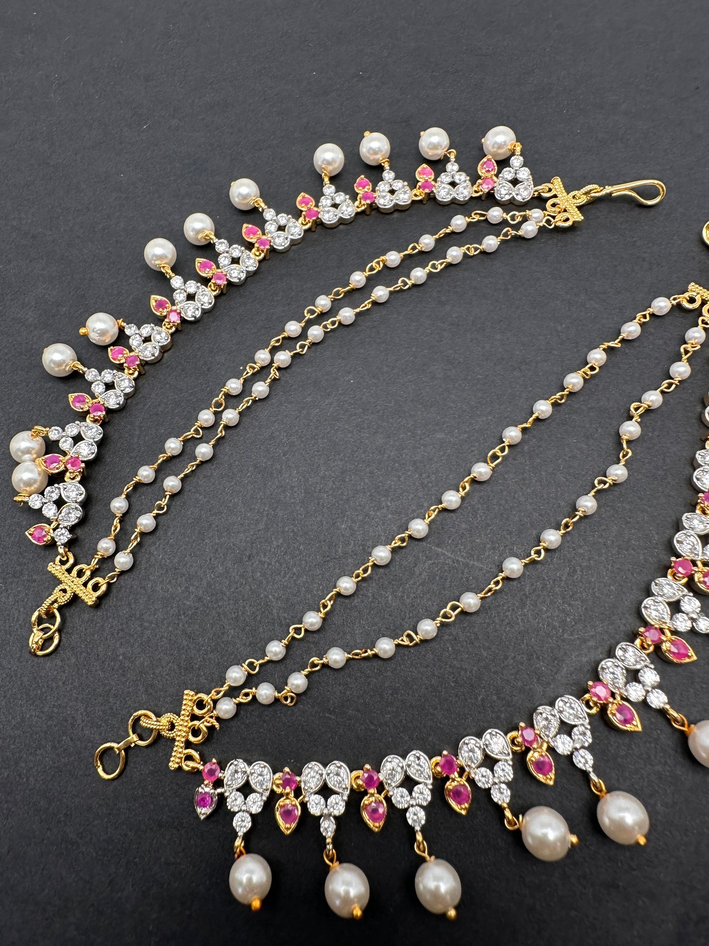 American Diamonds Ruby Red Pearls Earchain