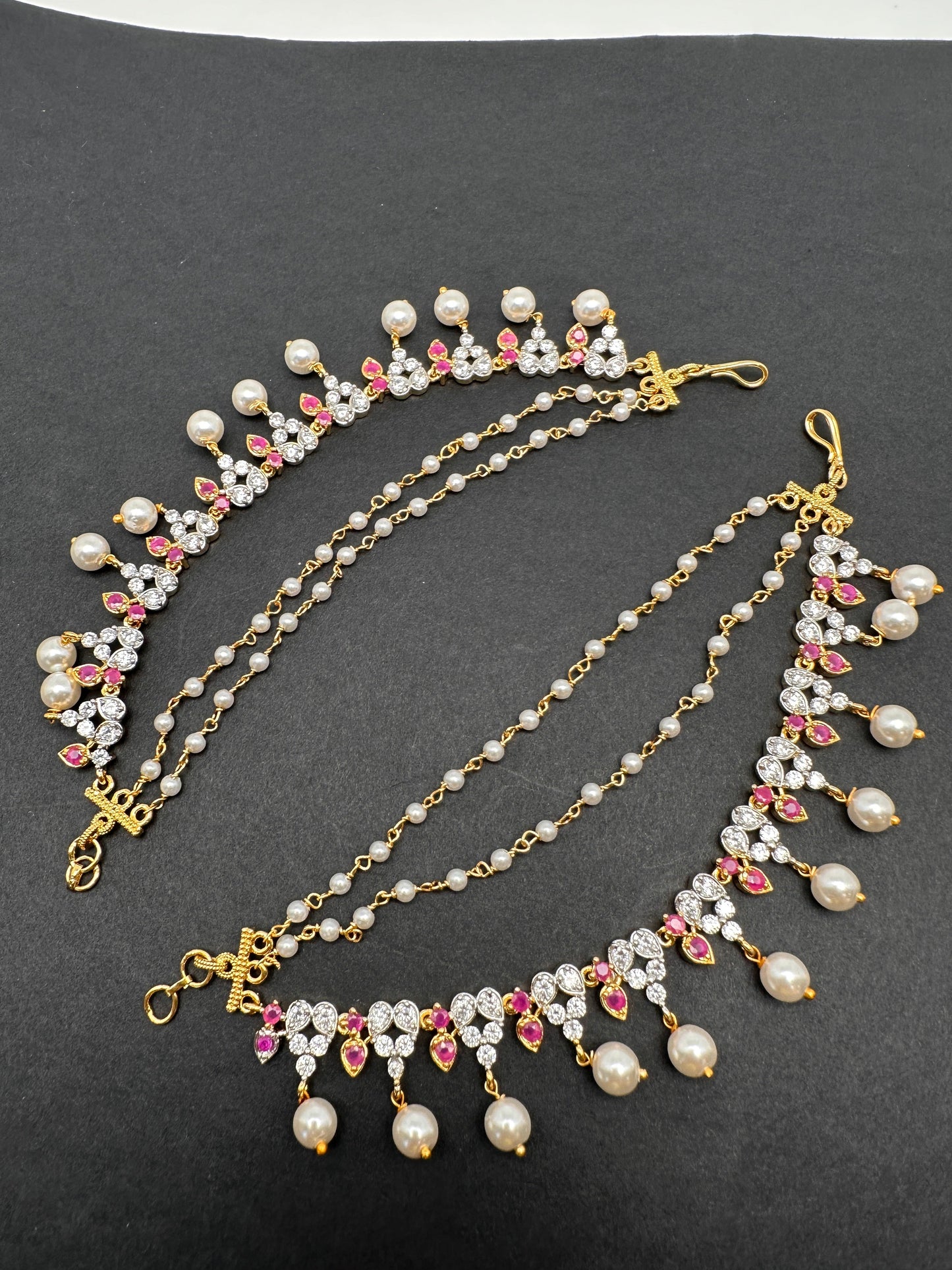 American Diamonds Ruby Red Pearls Earchain