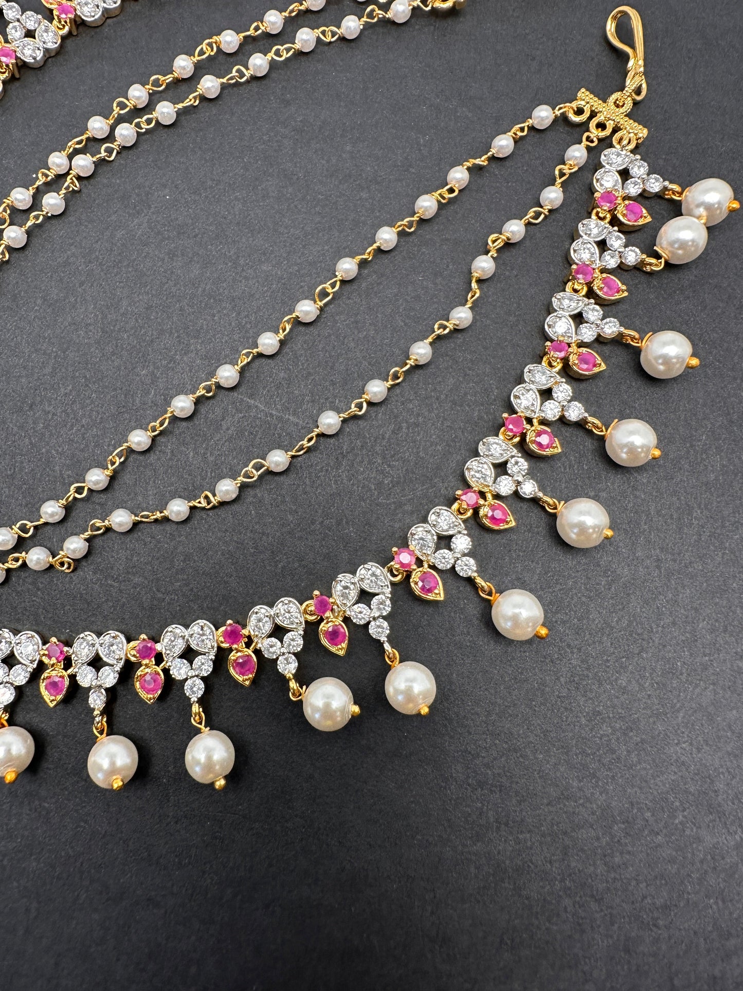 American Diamonds Ruby Red Pearls Earchain