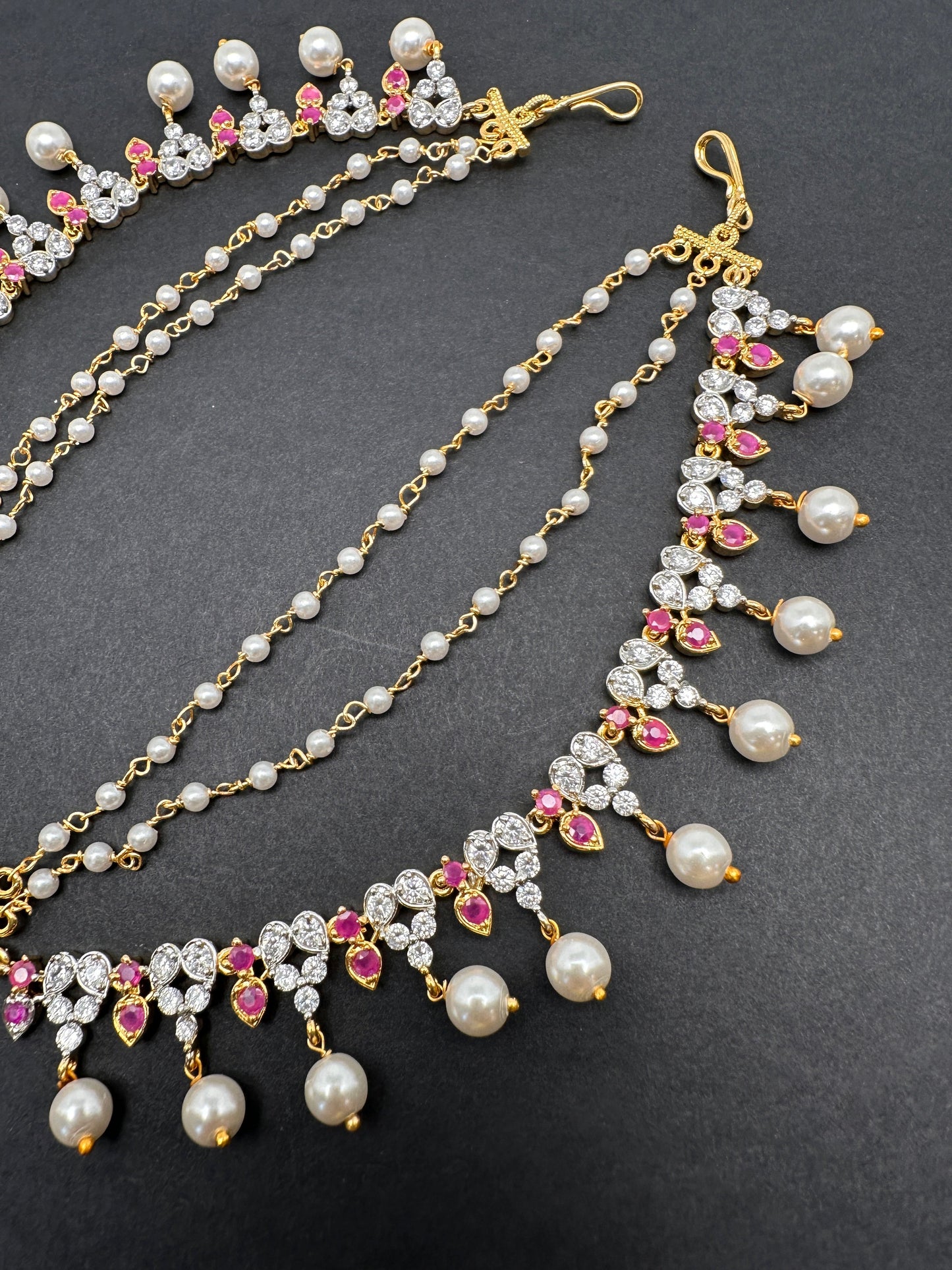 American Diamonds Ruby Red Pearls Earchain