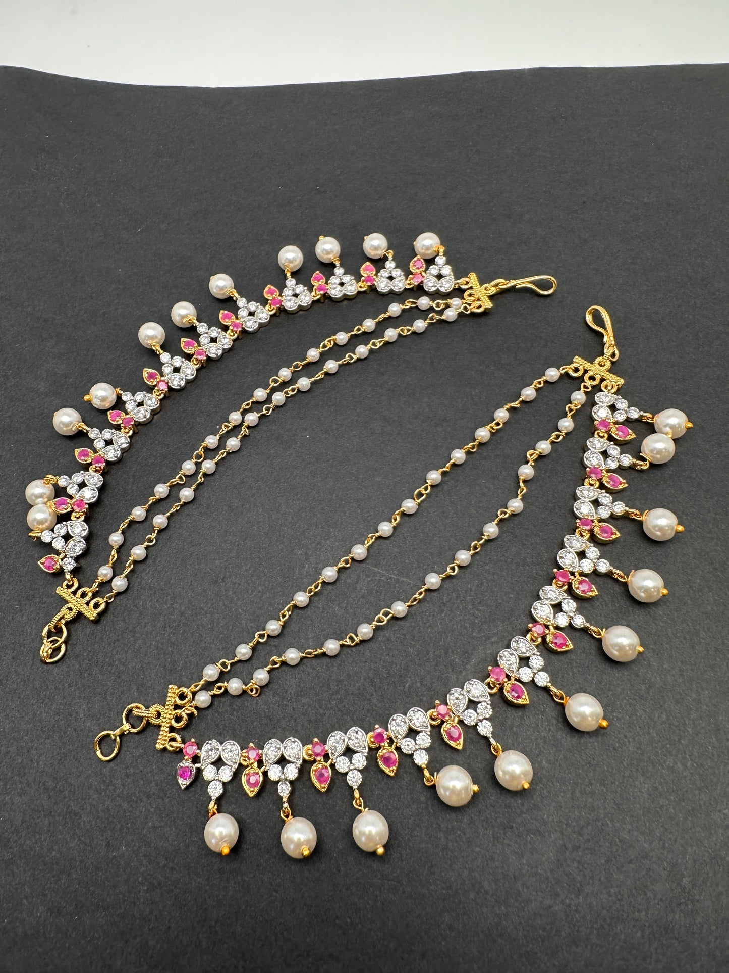 American Diamonds Ruby Red Pearls Earchain