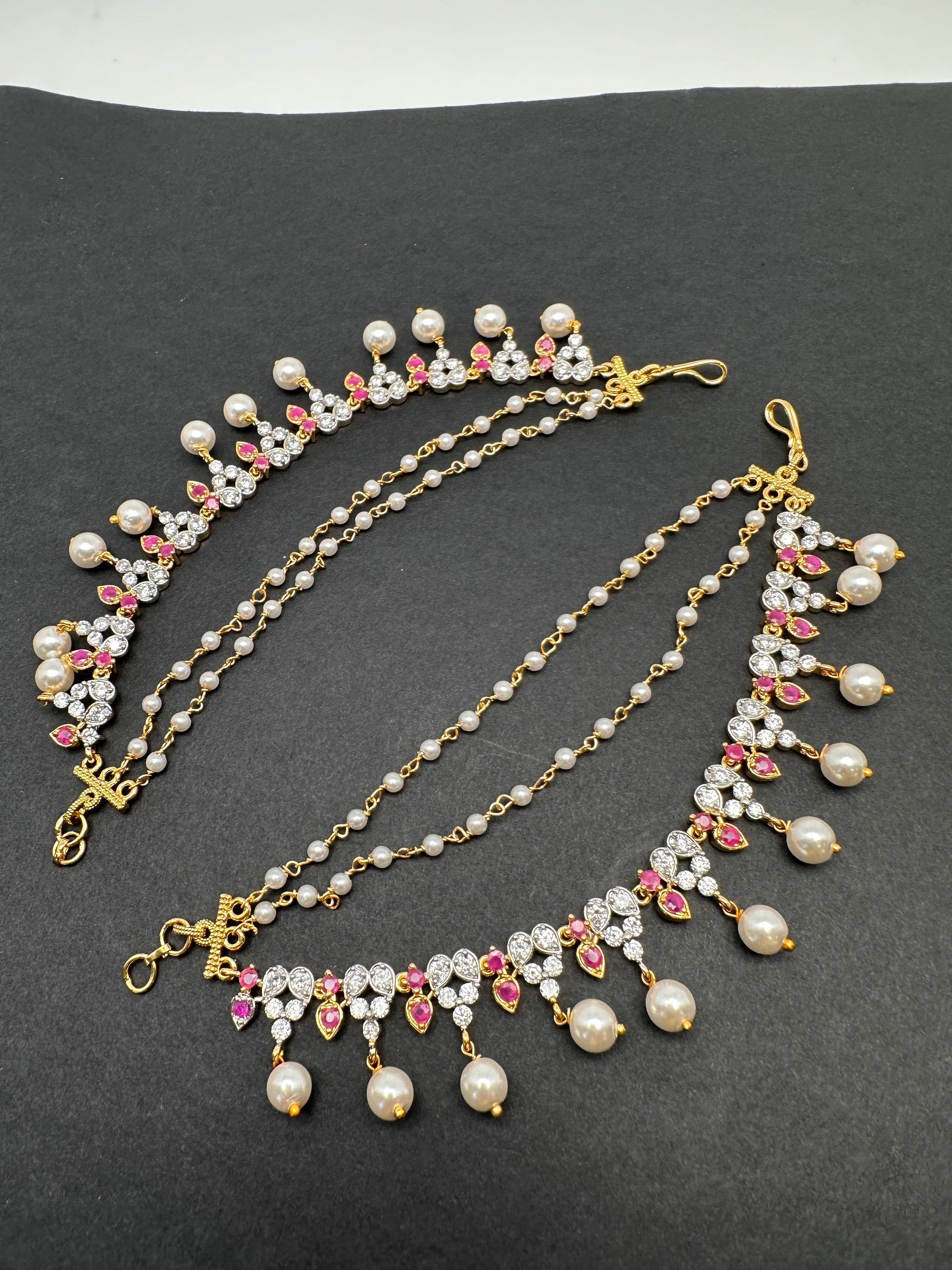 American Diamonds Ruby Red Pearls Earchain