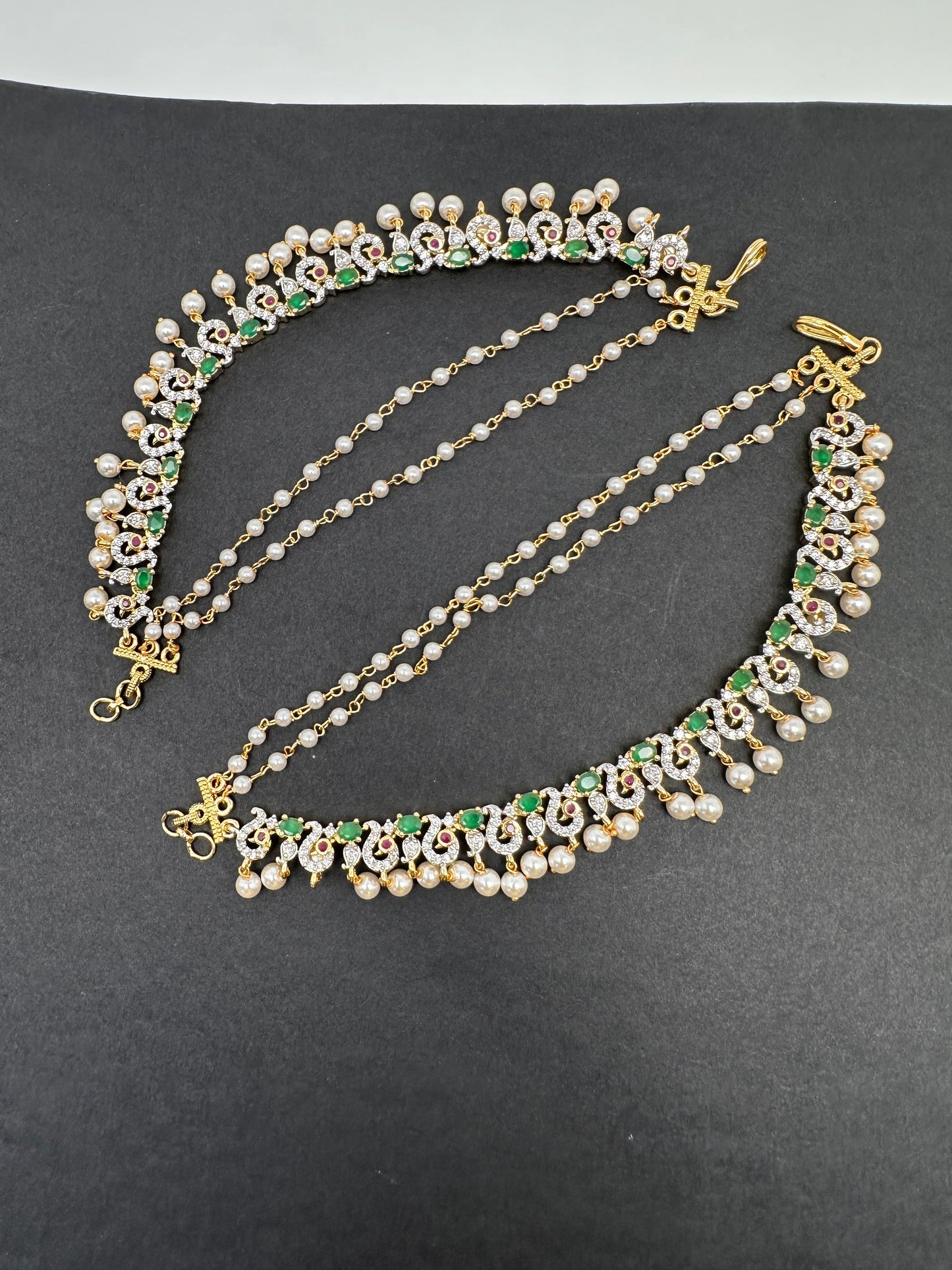 American Diamonds Ruby Emerald Pearls Earchain