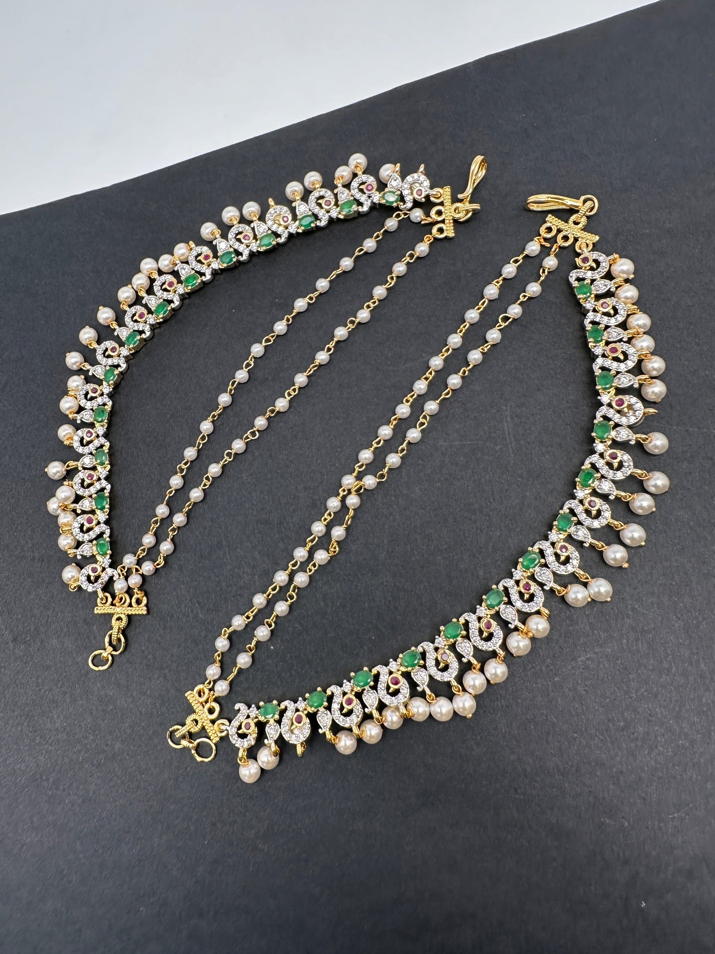 American Diamonds Ruby Emerald Pearls Earchain