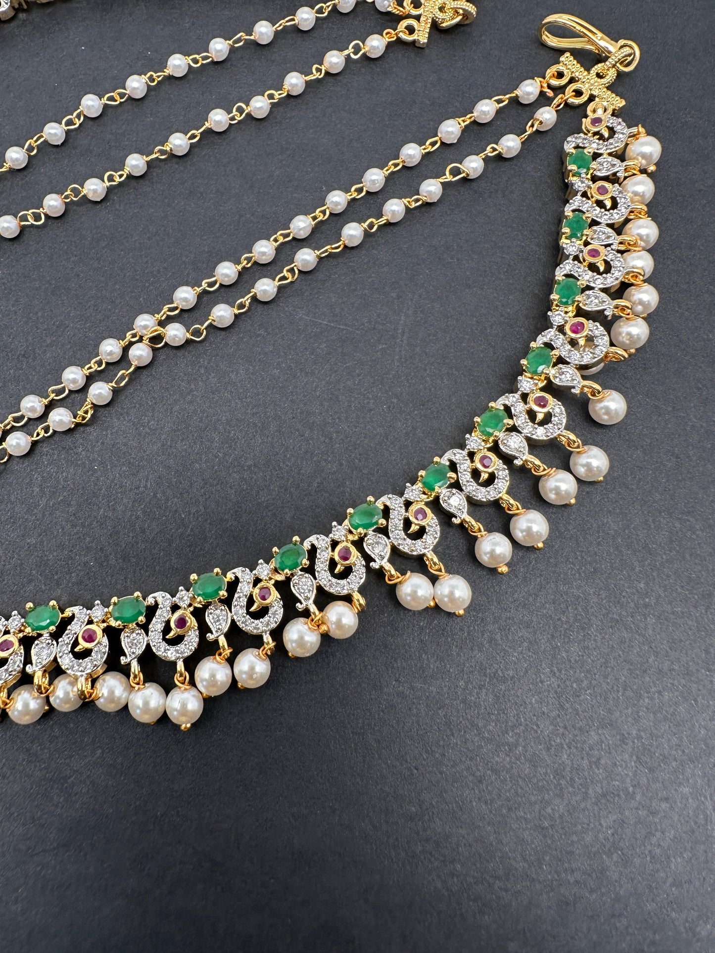 American Diamonds Ruby Emerald Pearls Earchain