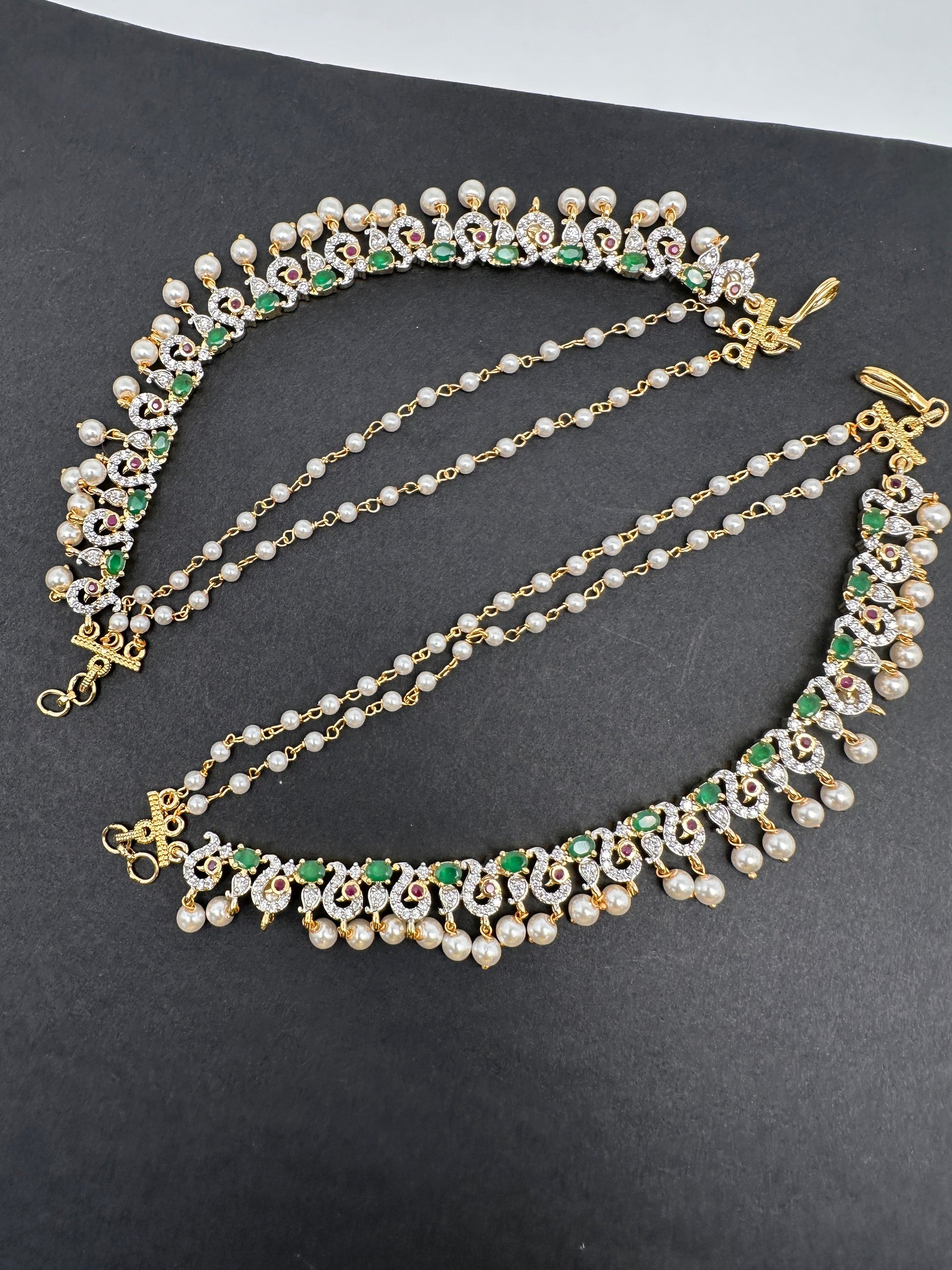 American Diamonds Ruby Emerald Pearls Earchain