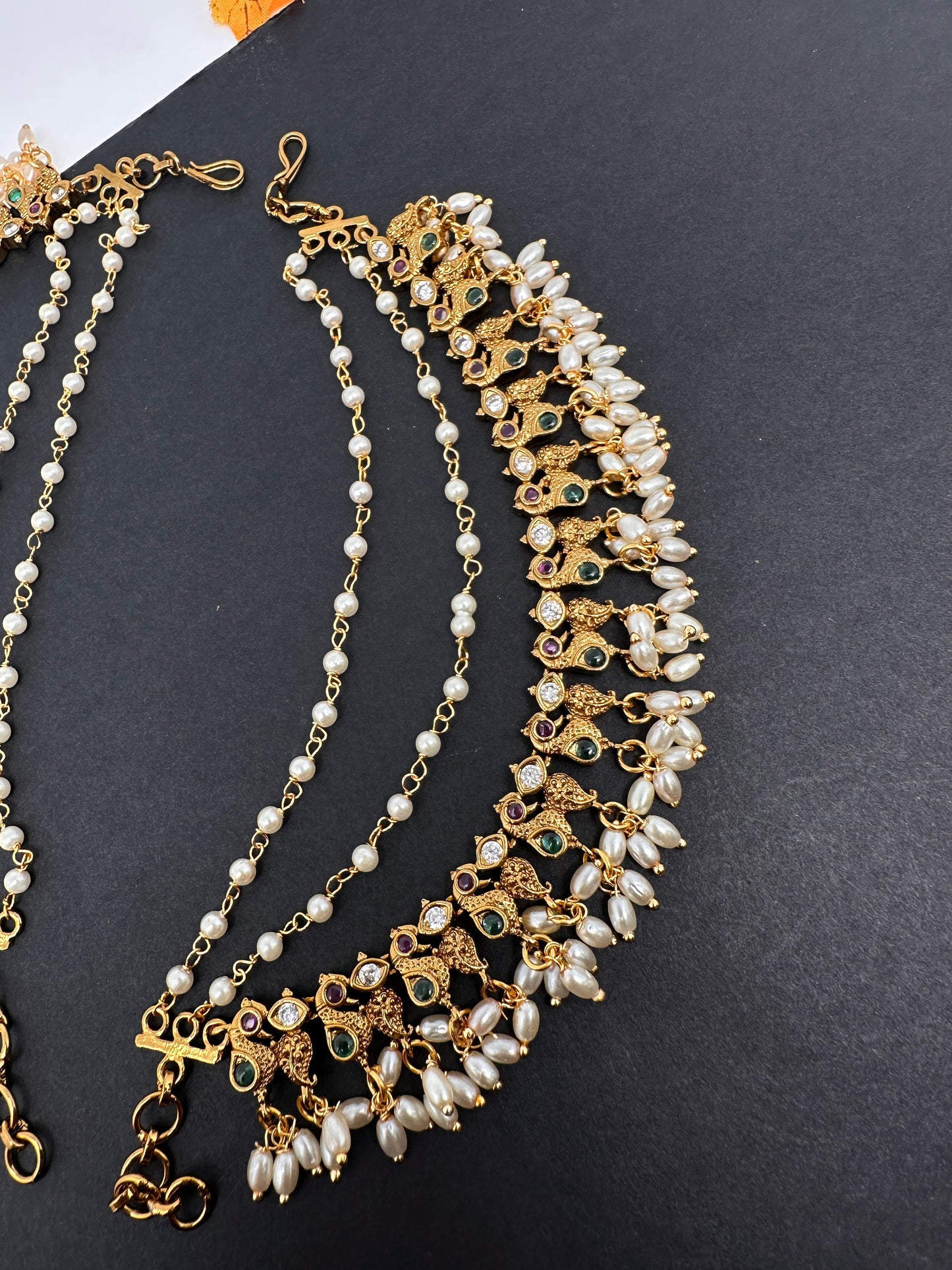 Peacock Rice Pearls Matte Multi stone EarChain