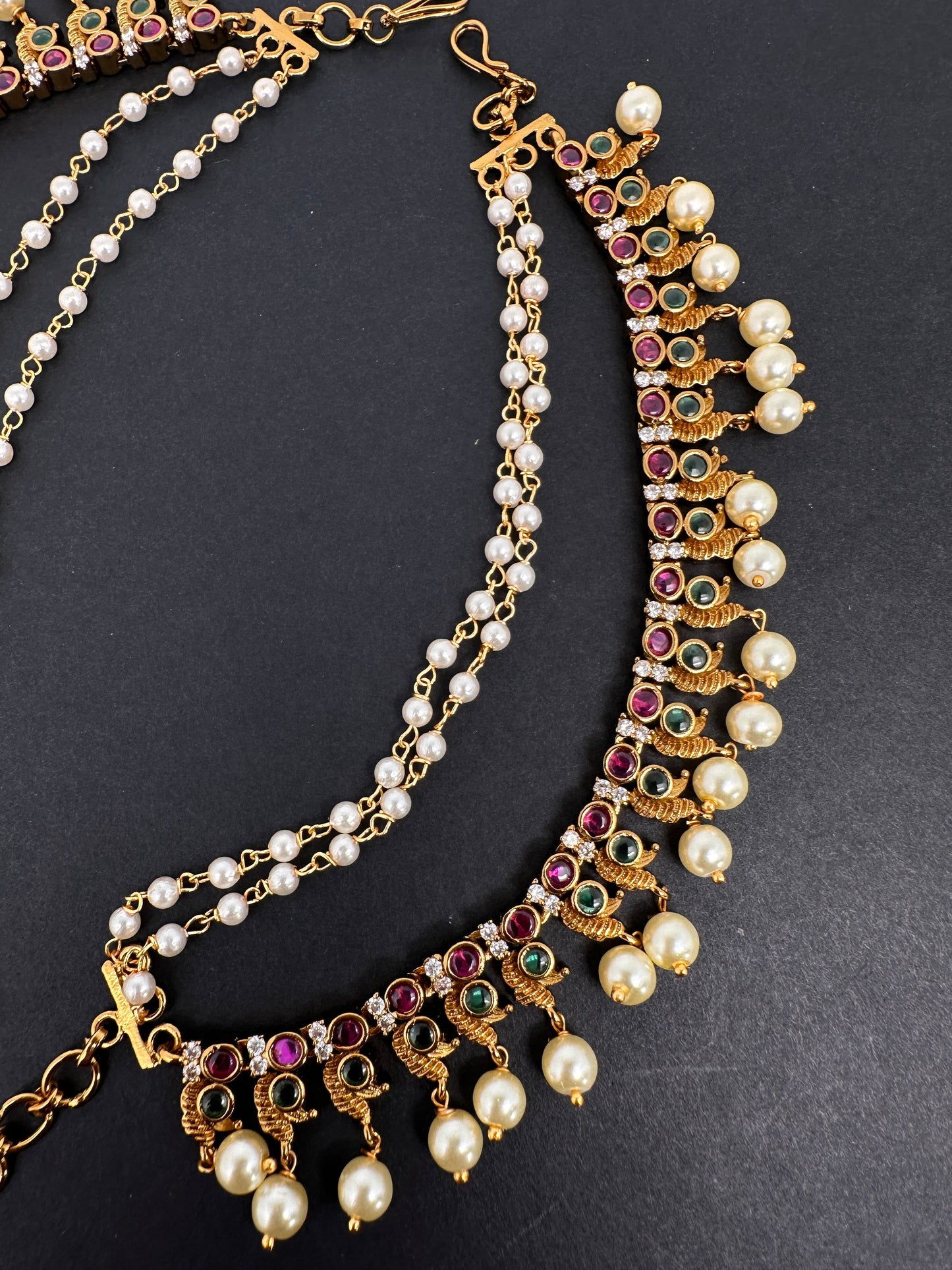 Red Green Matte Kempu Pearls EarChain