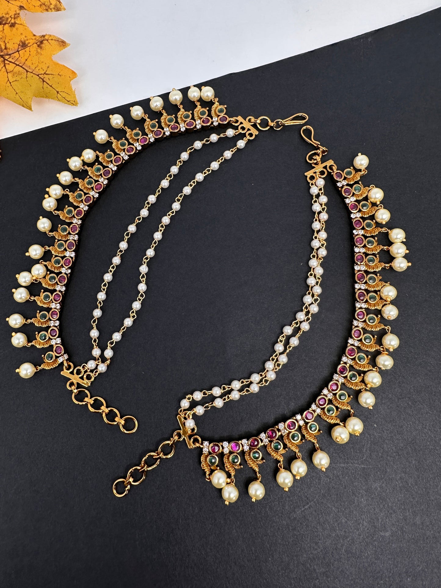 Red Green Matte Kempu Pearls EarChain