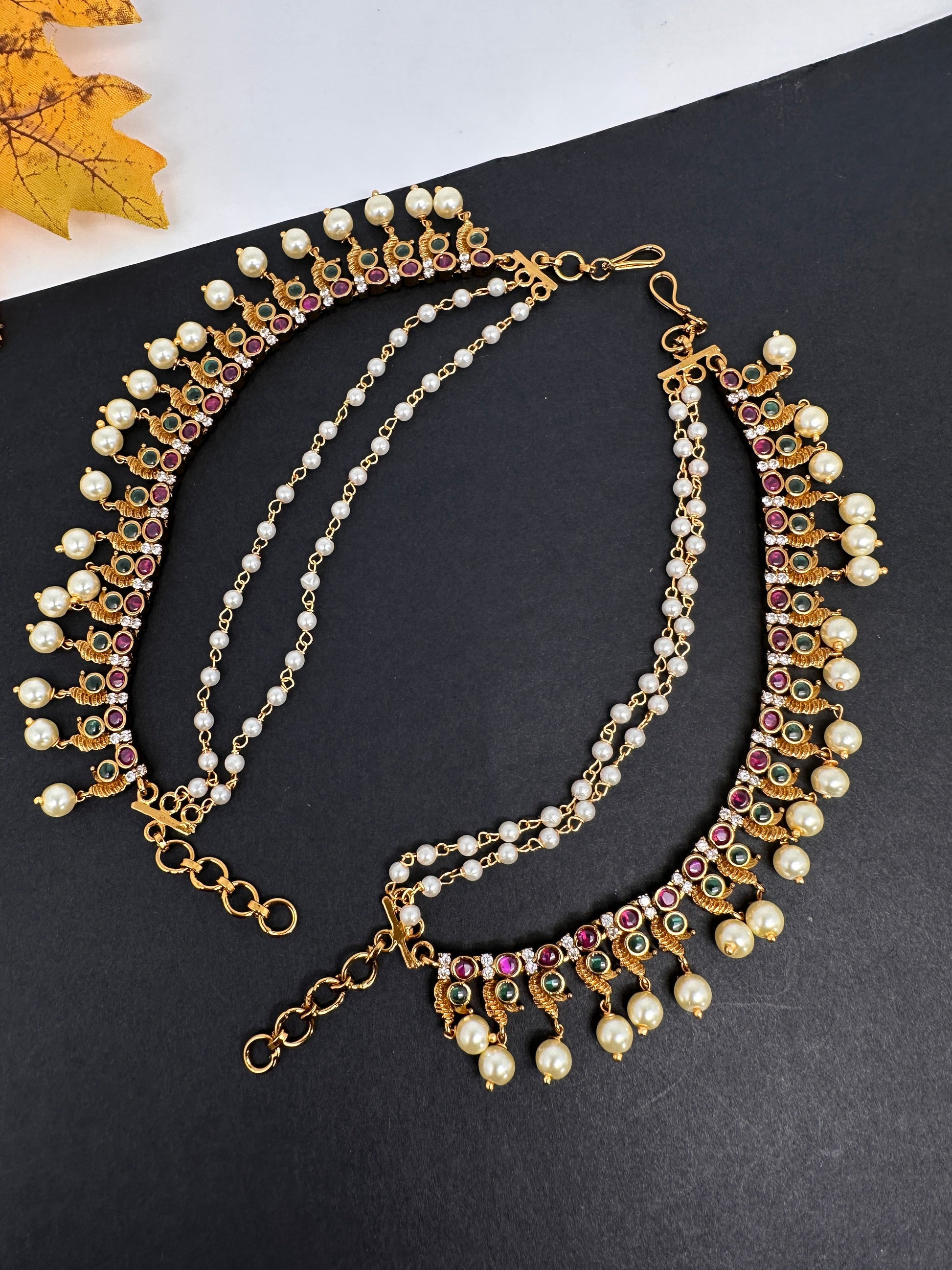 Red Green Matte Kempu Pearls EarChain