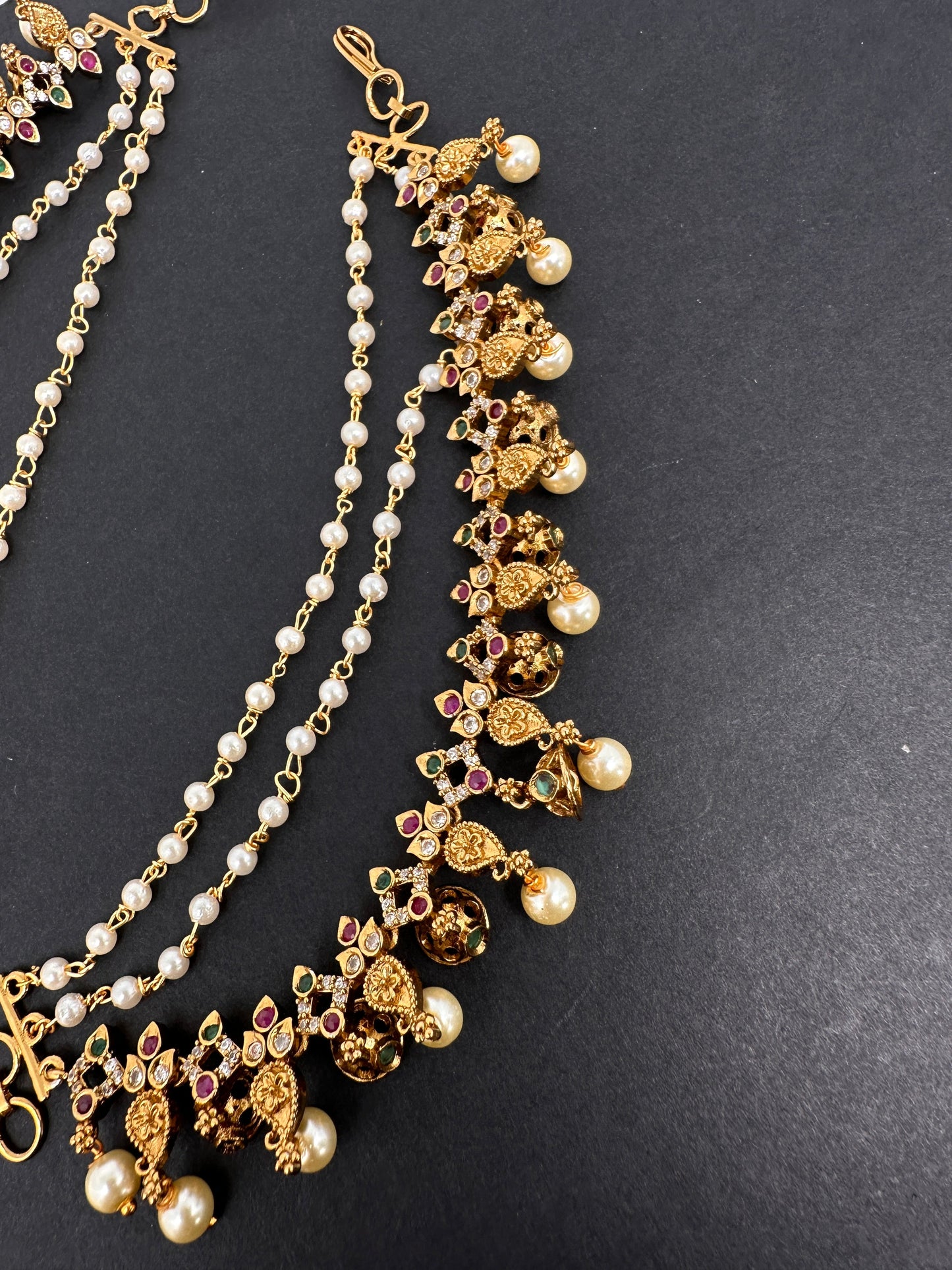 Red Green Matte Kempu Pearls EarChain