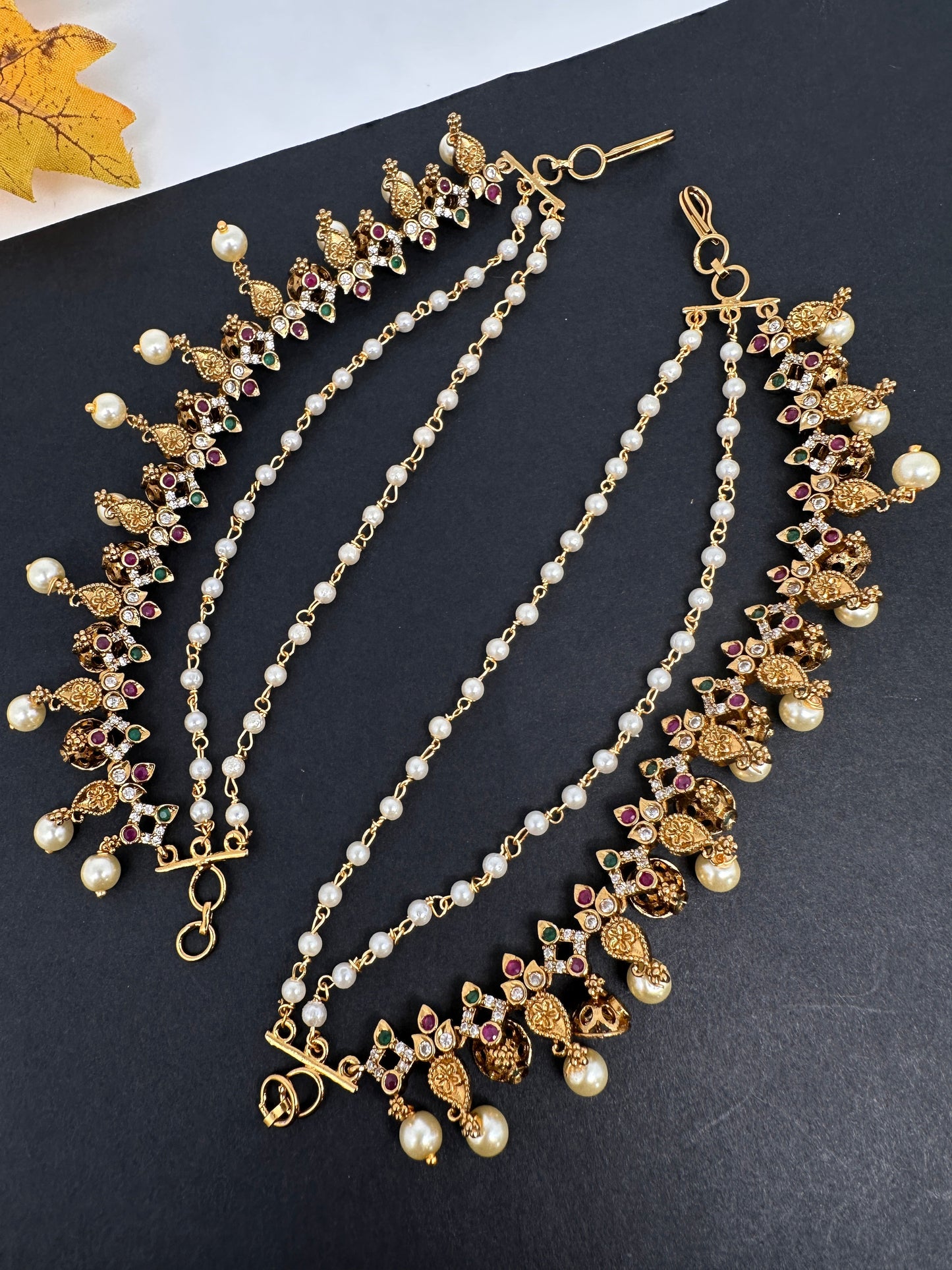 Red Green Matte Kempu Pearls EarChain