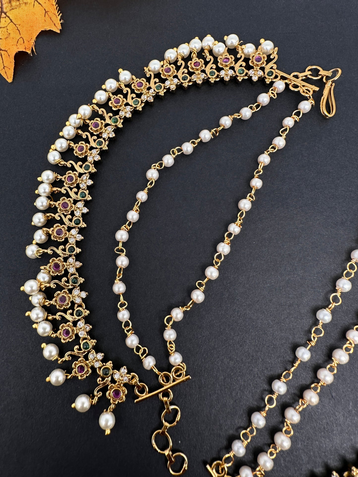 Red Green Matte Kempu Pearls EarChain