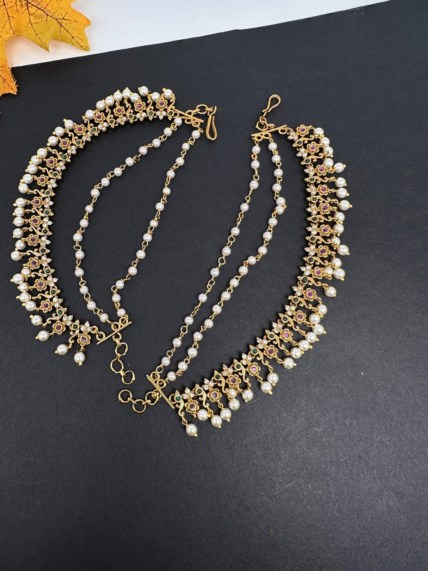 Red Green Matte Kempu Pearls EarChain