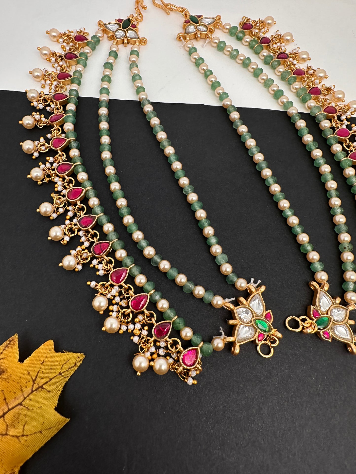 Jadau Kundan Green Beads Pearls Matilu Earchain Champasawaralu - 