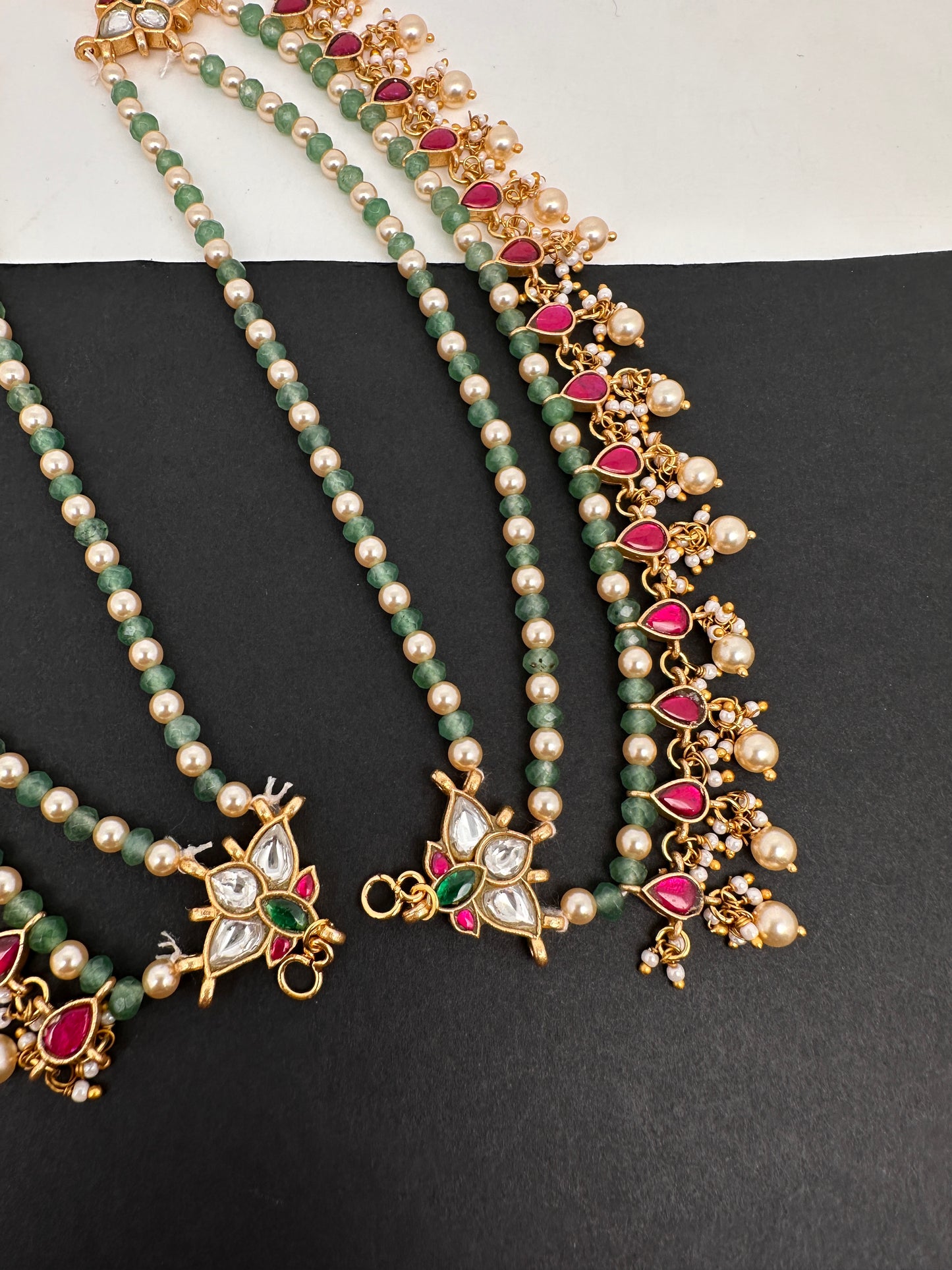 Jadau Kundan Green Beads Pearls Matilu Earchain Champasawaralu - 