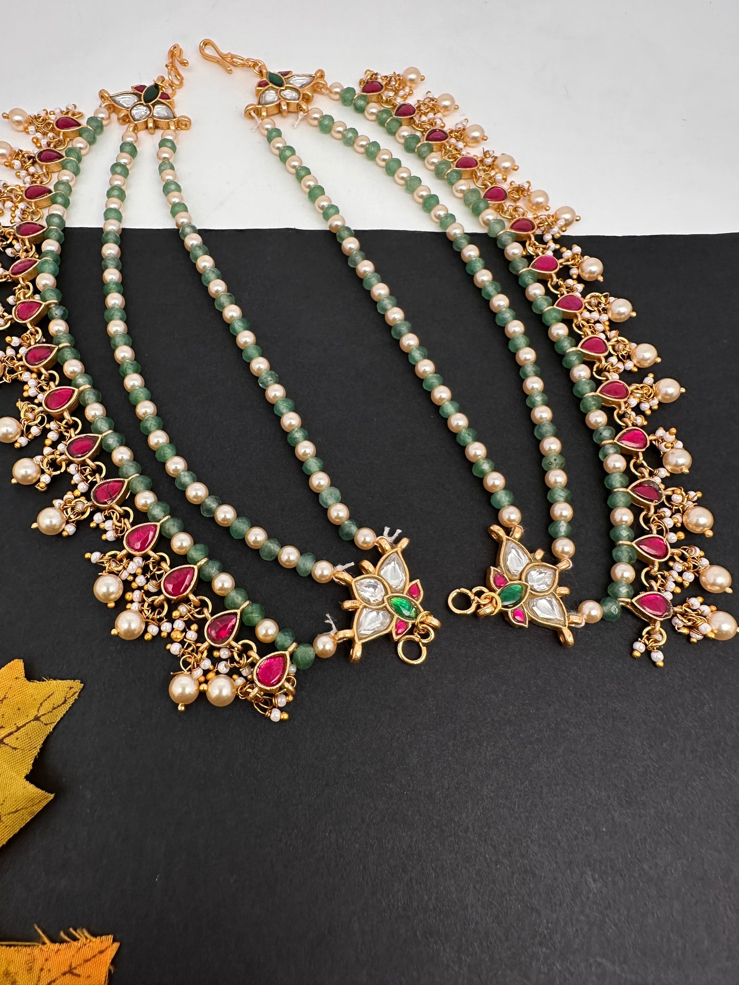 Jadau Kundan Green Beads Pearls Matilu Earchain Champasawaralu - 