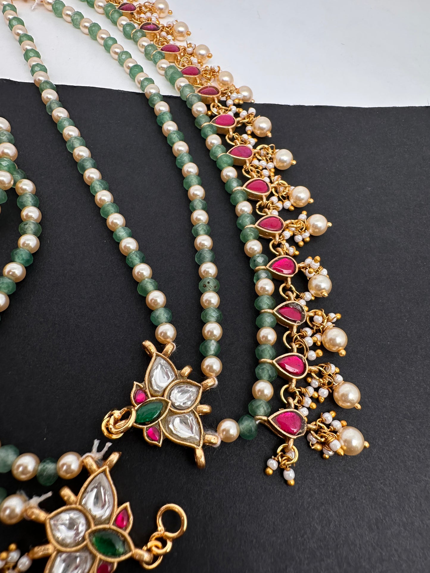 Jadau Kundan Green Beads Pearls Matilu Earchain Champasawaralu - 