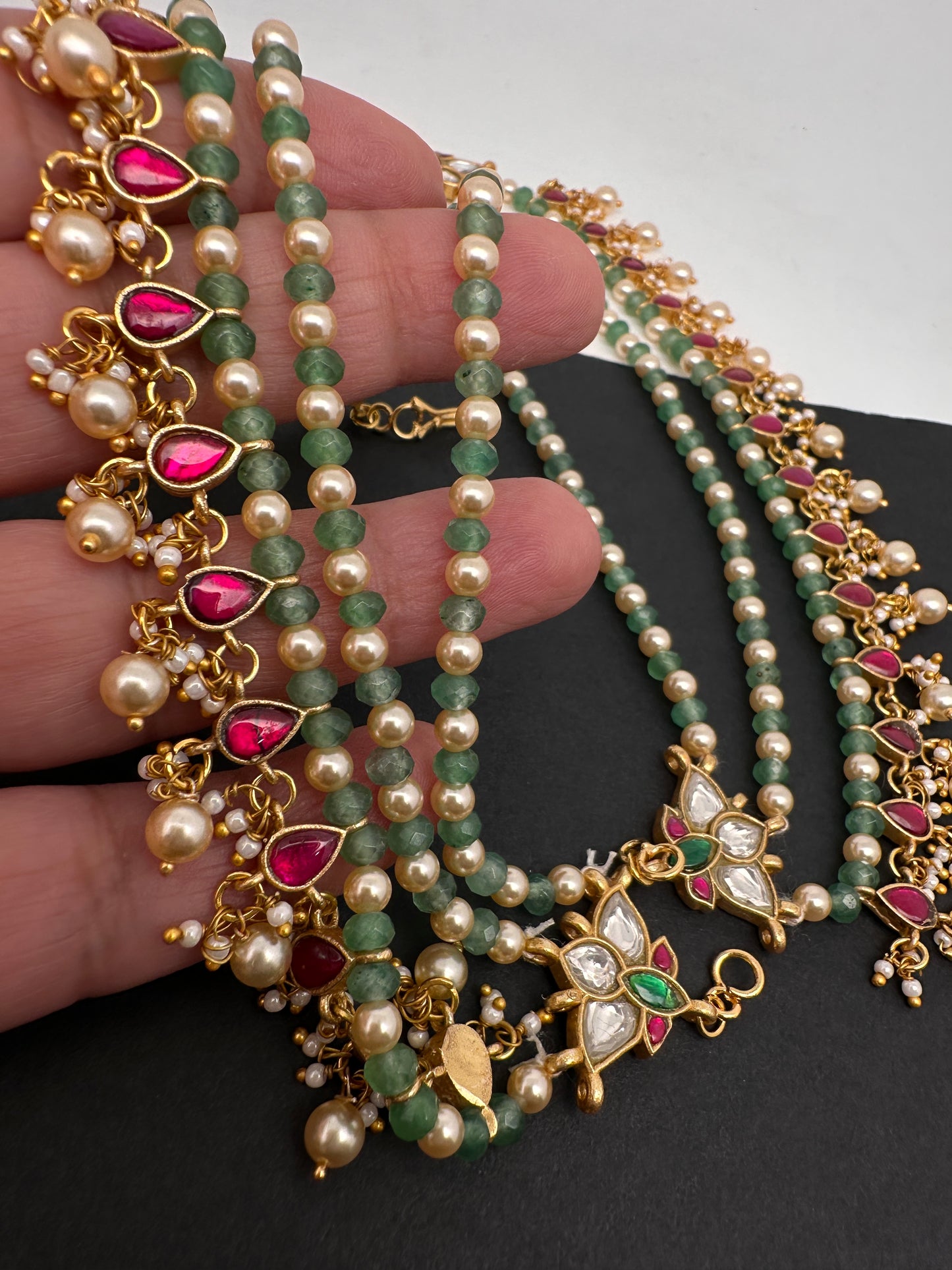 Jadau Kundan Green Beads Pearls Matilu Earchain Champasawaralu - 