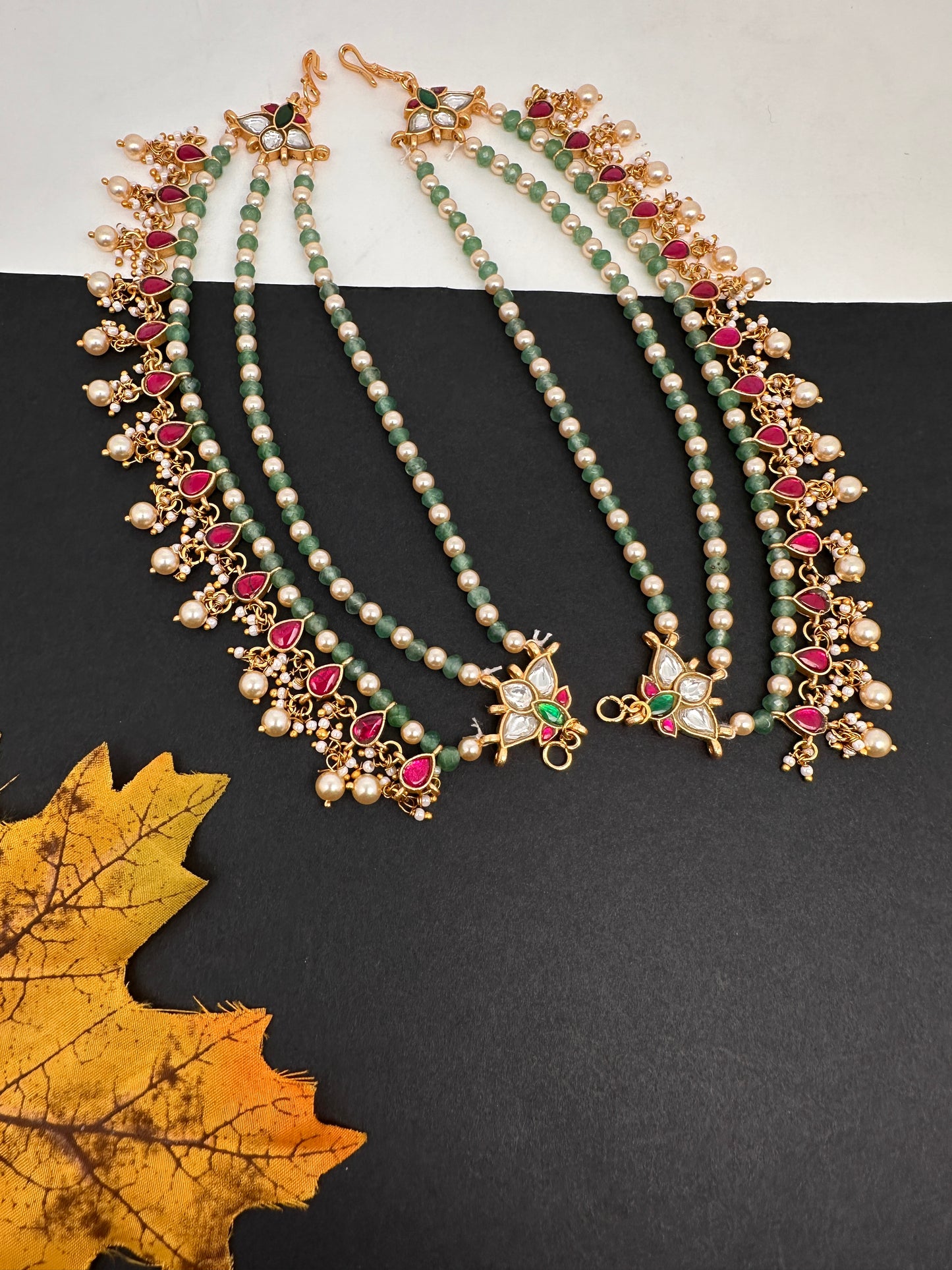 Jadau Kundan Green Beads Pearls Matilu Earchain Champasawaralu - 