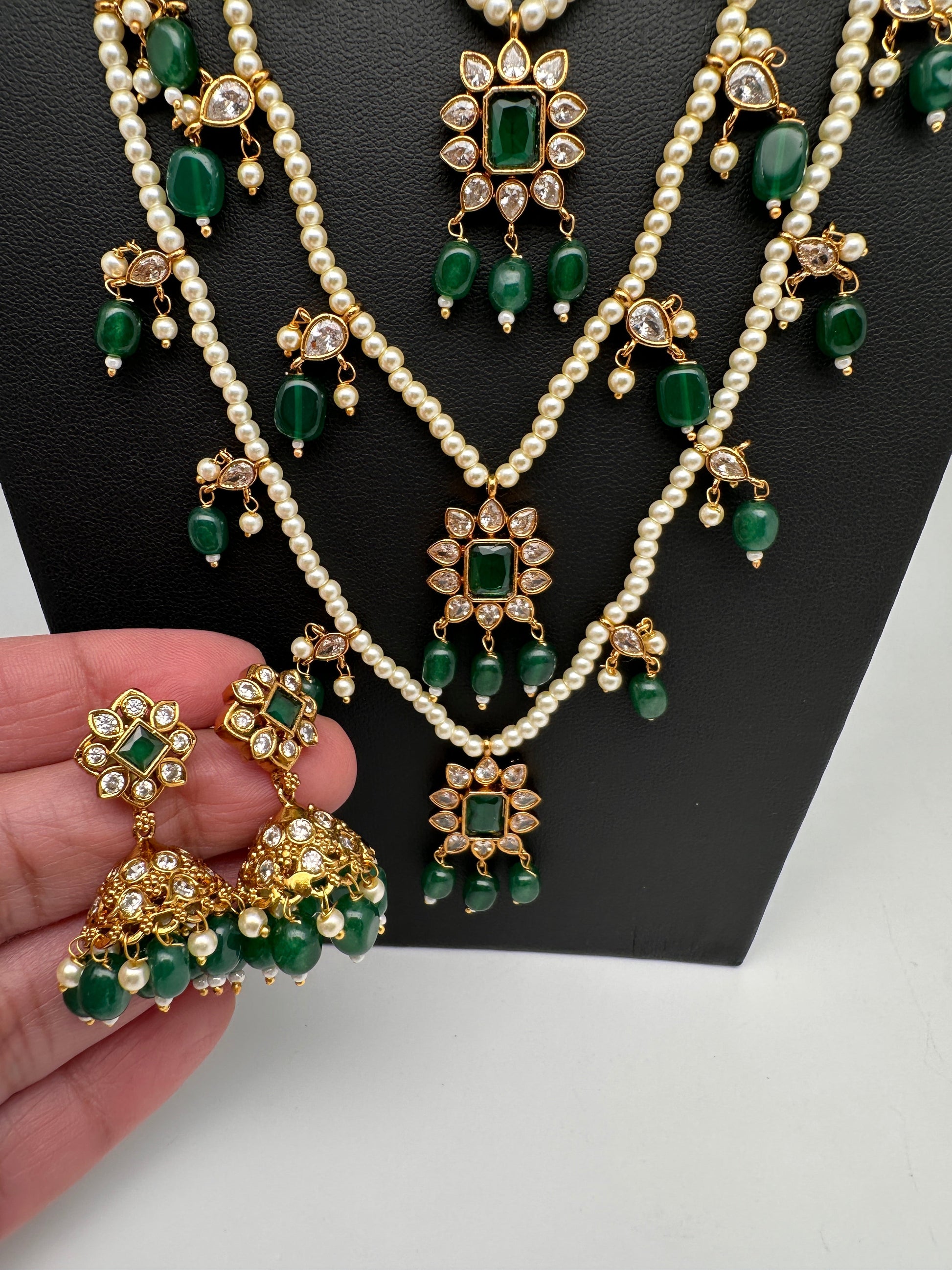Pearl Multi Layer Color Stone Teen Lada Necklace - Green