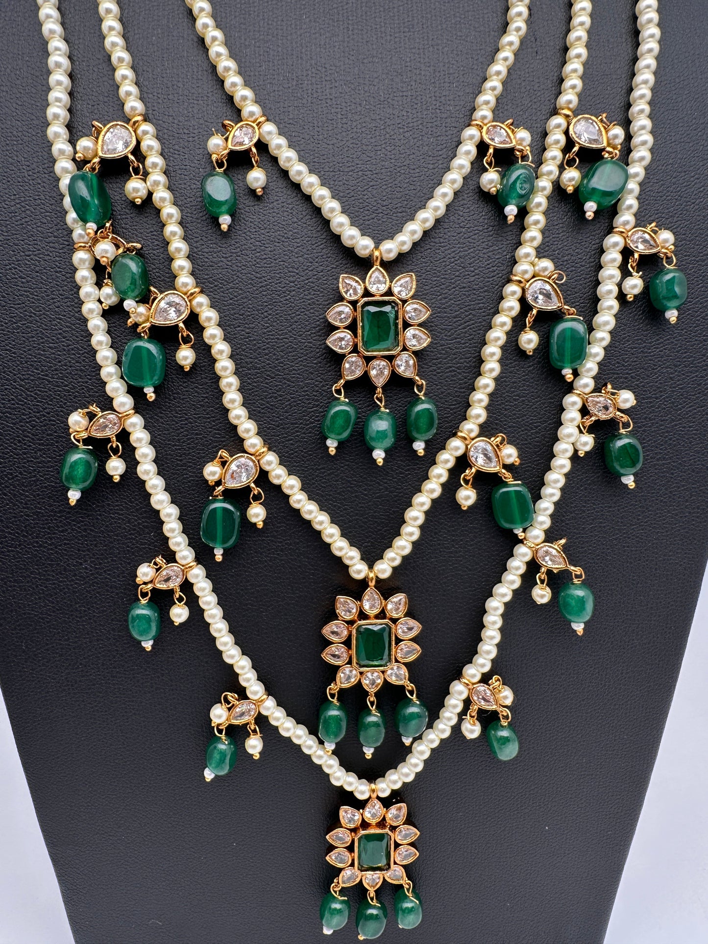 Pearl Multi Layer Color Stone Teen Lada Necklace - Green