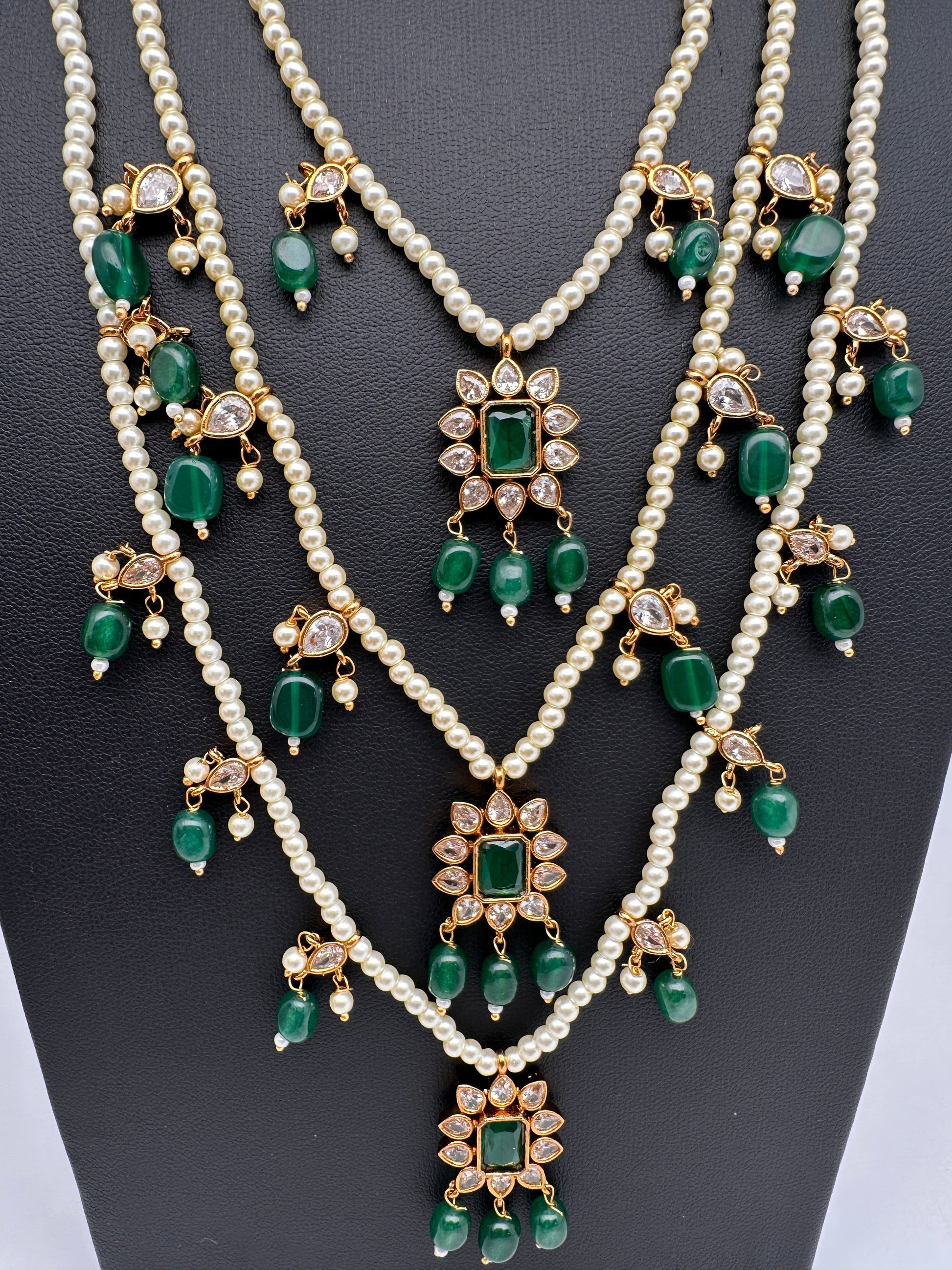 Pearl Multi Layer Color Stone Teen Lada Necklace - Green