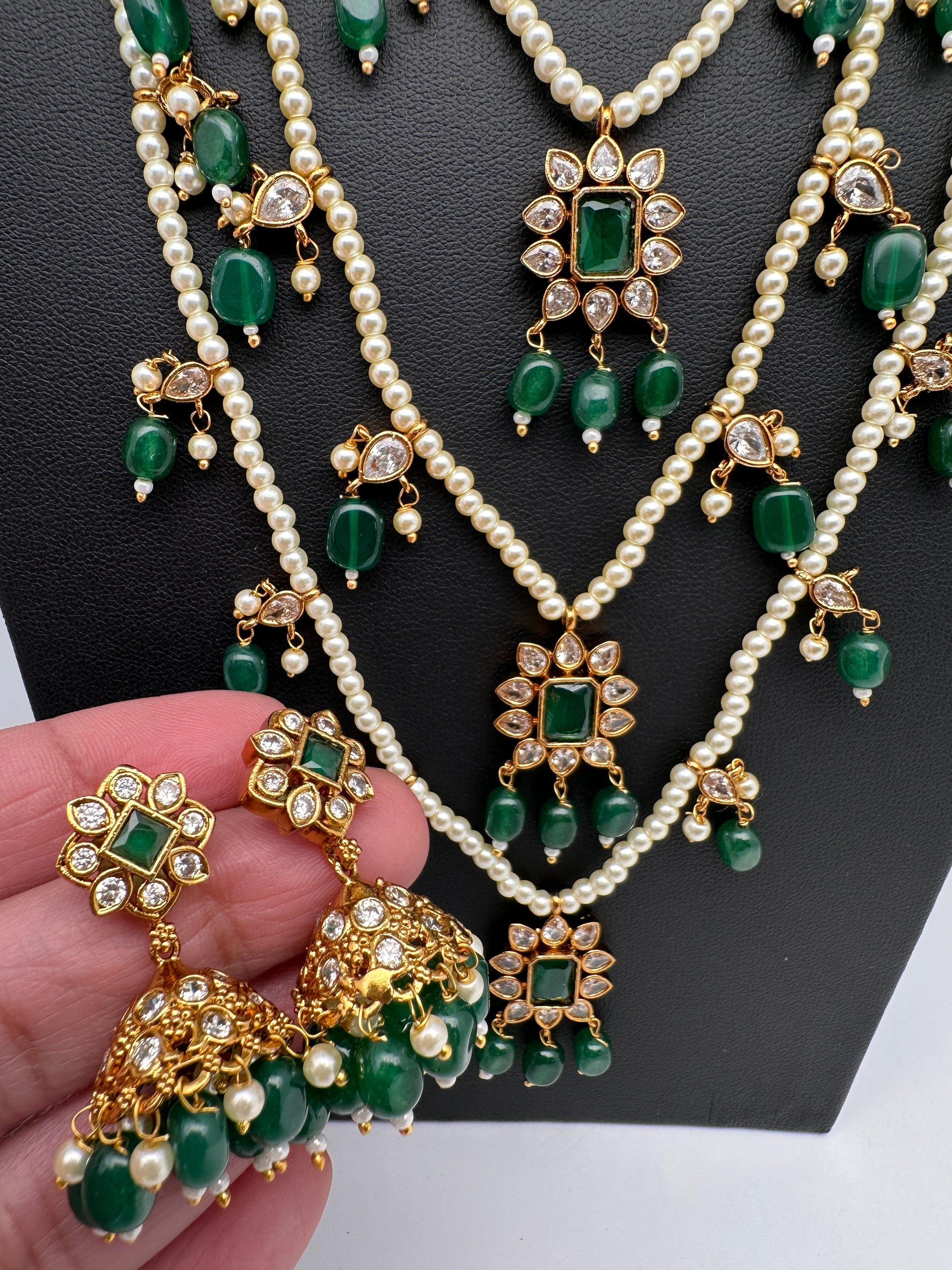 Pearl Multi Layer Color Stone Teen Lada Necklace - Green